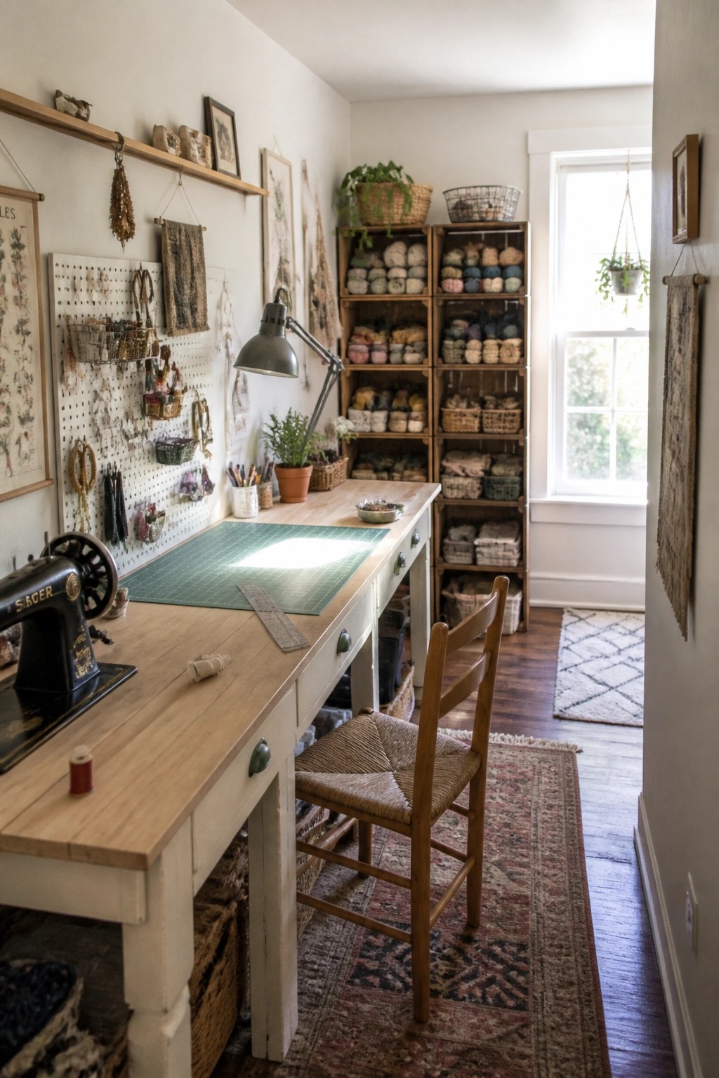 Vintage sewing machine on wooden desk with green mat, yarn shelves, and pegboard tools.
