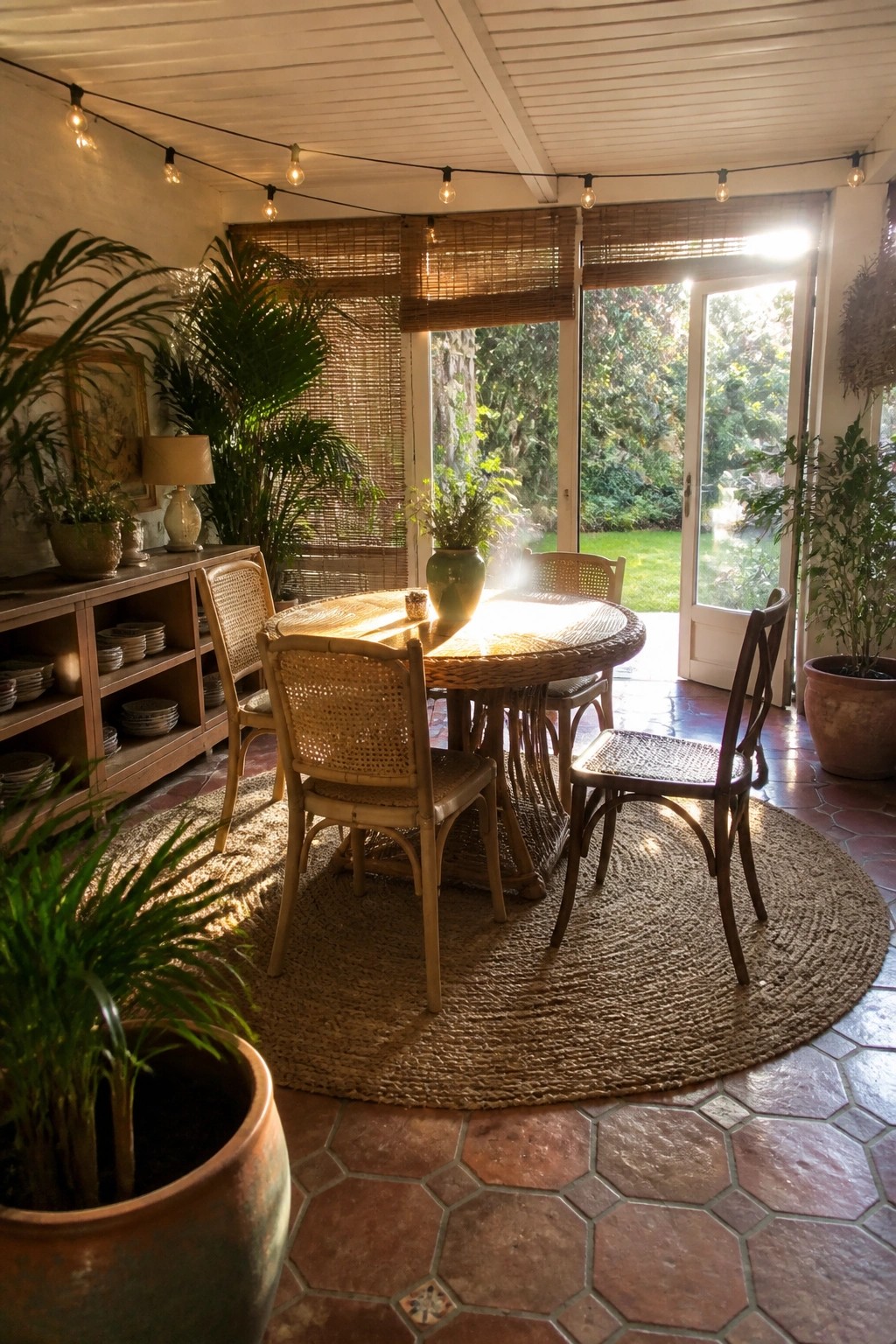 An interior dining area features a round wooden table with several rattan and cane chairs arranged on a large circular jute rug, surrounded by potted plants and open glass doors leading to a garden.