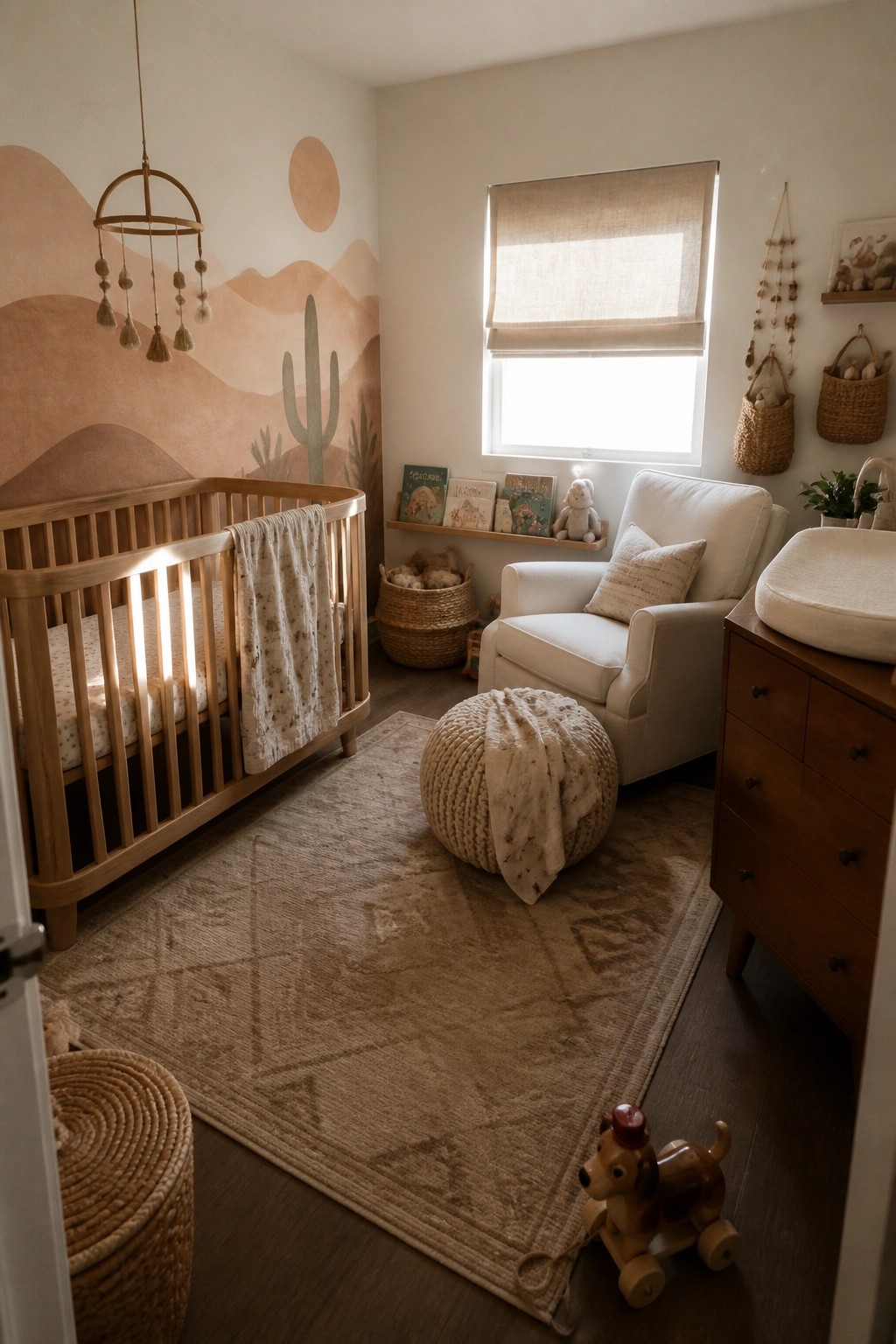 A nursery interior featuring a wooden crib, white armchair, woven pouf on a patterned rug, and a large desert landscape mural in soft terracotta tones on the wall.