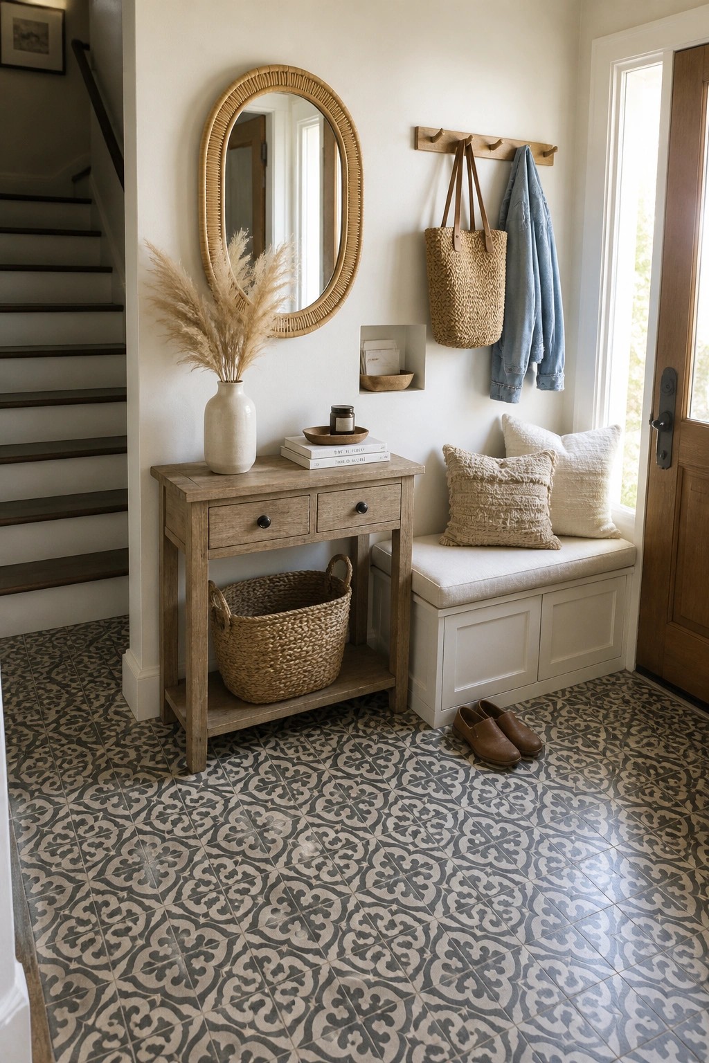 An interior entryway featuring a wooden console table with baskets underneath, a round mirror above it, a white cushioned storage bench with pillows, coat hooks on the wall, and patterned tile flooring.