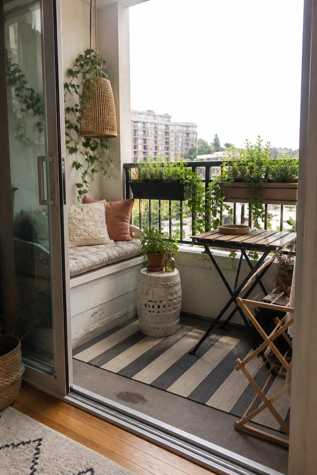 Cozy balcony with striped rug, cushioned bench, hanging lamp, folding table, and potted plants.