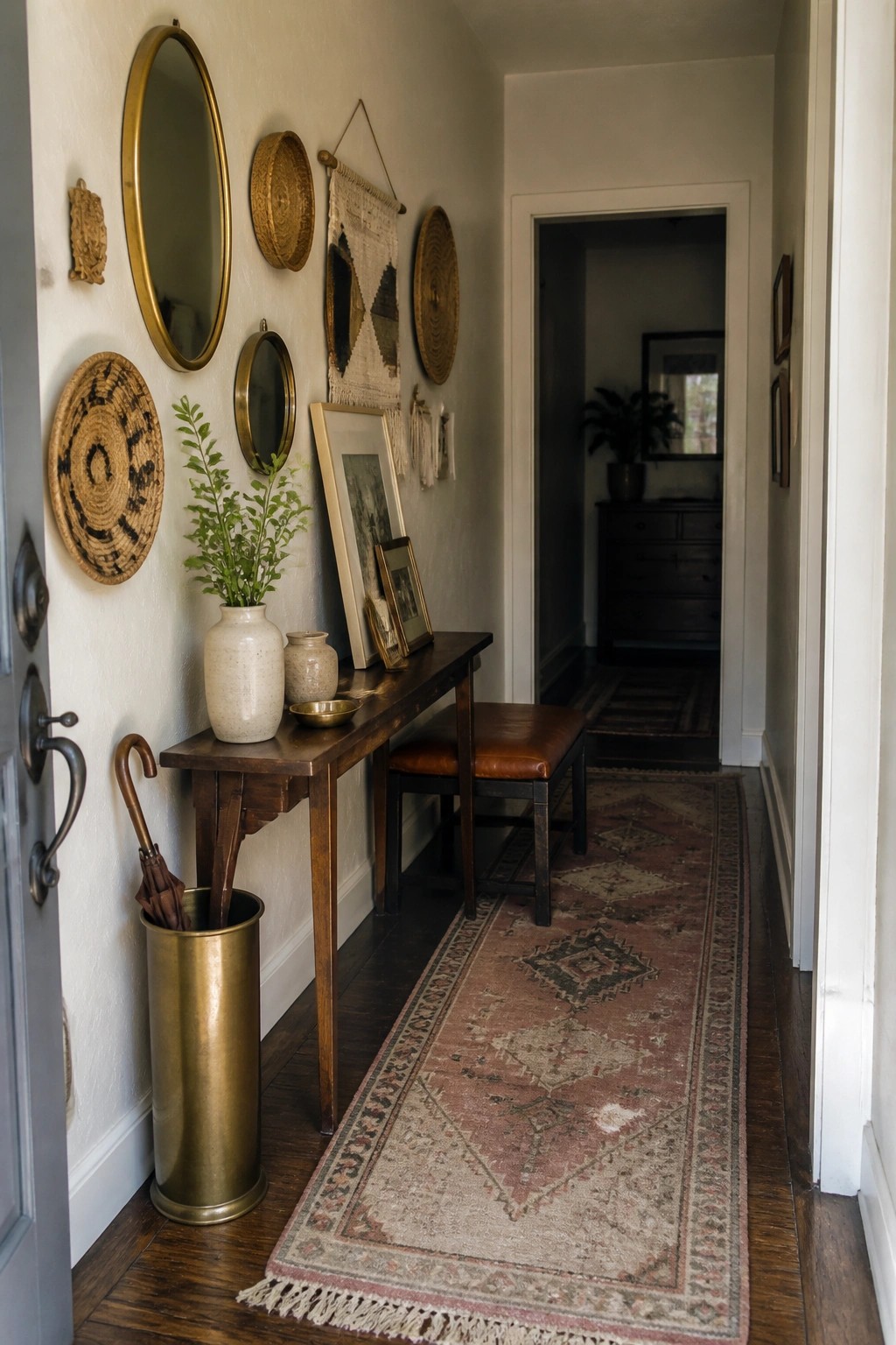 A narrow hallway interior with a long patterned runner rug on dark wood floors, a wooden console table, and wall decor including mirrors and woven pieces.