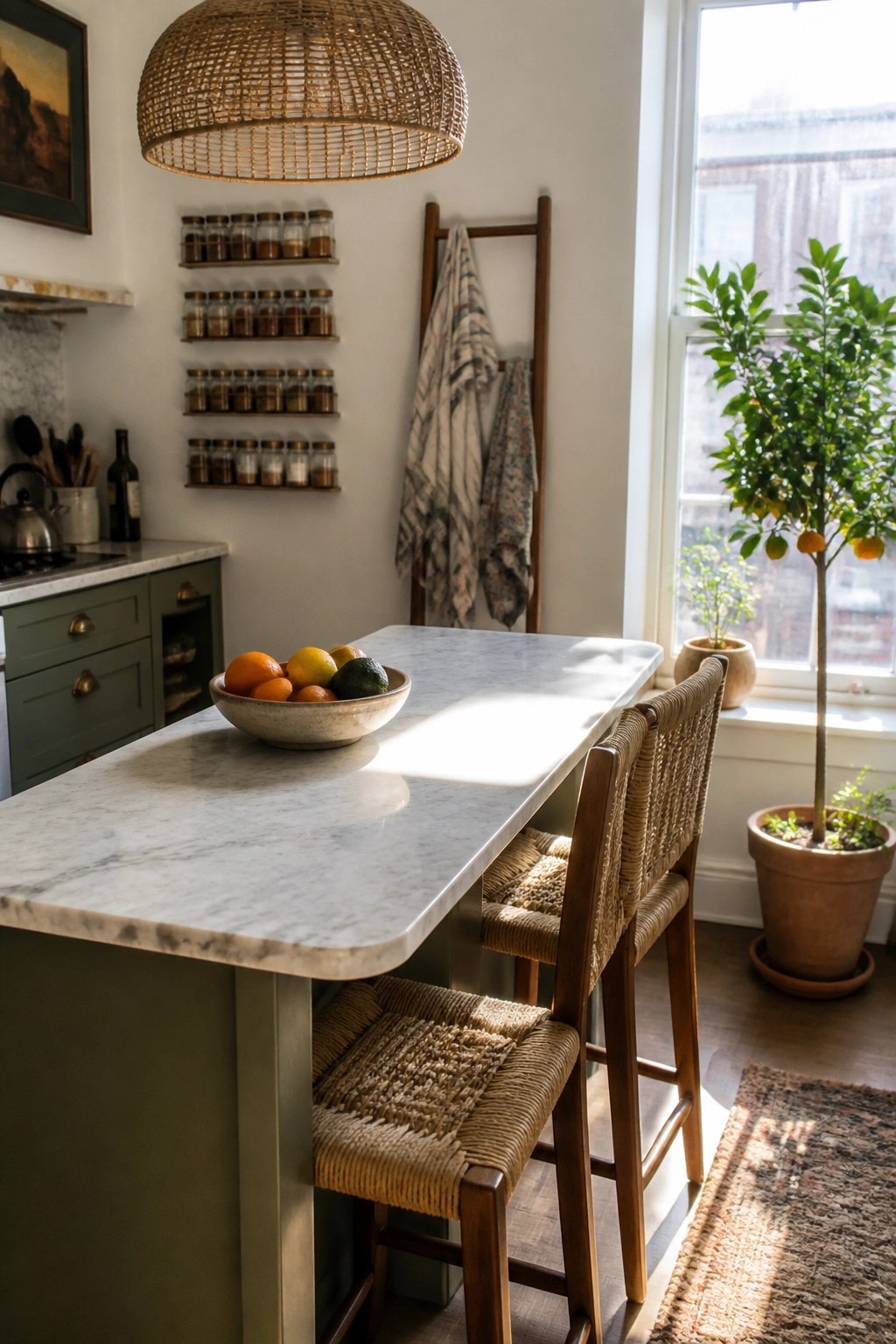 A kitchen island topped with white marble and four woven bar stools arranged along one side.