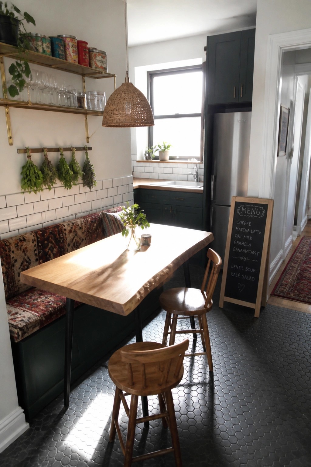 A small kitchen dining area with a live-edge wood table, built-in bench with patterned cushions, two wooden stools, and open shelving on a white wall.
