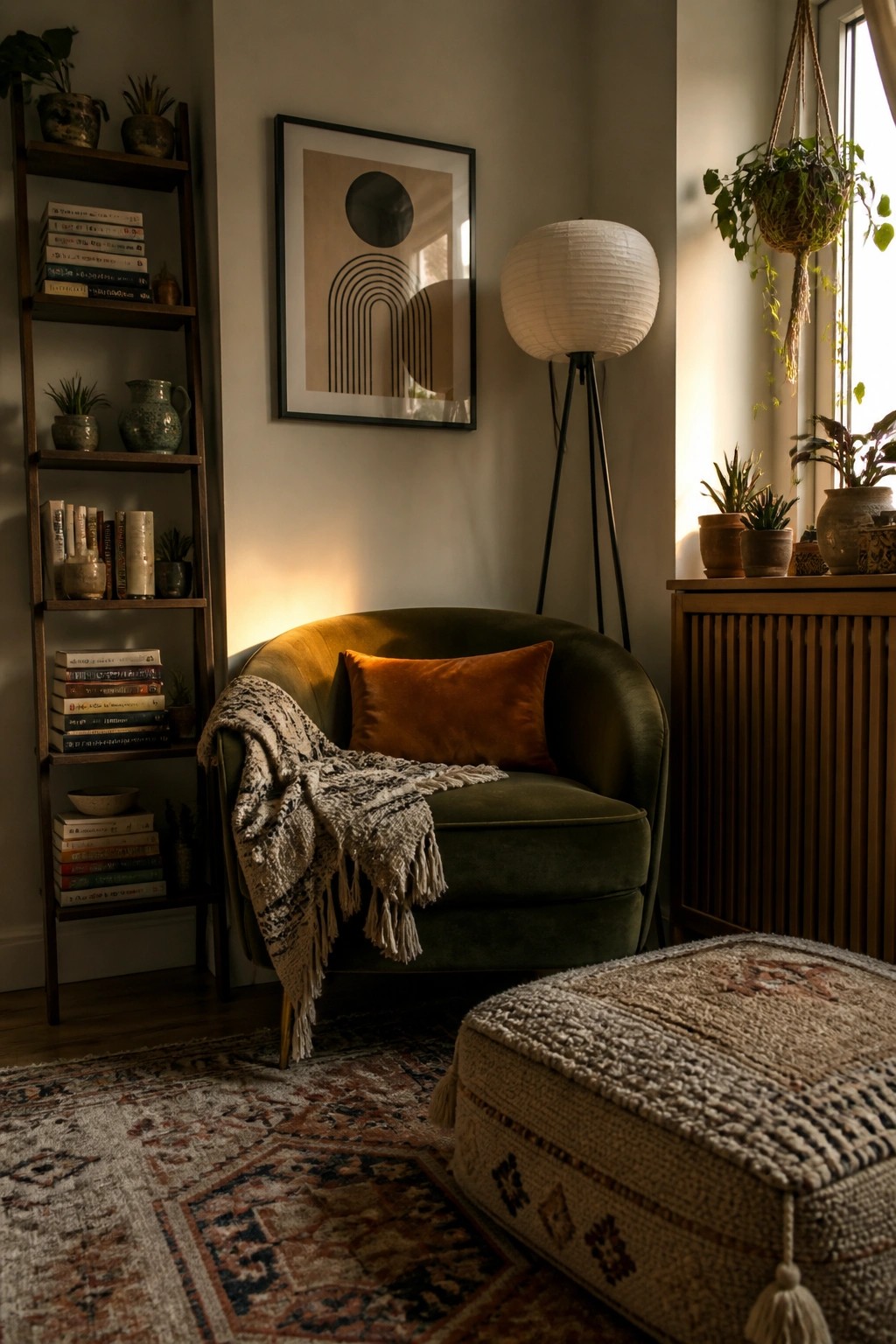 A green velvet armchair with an orange pillow and woven throw sits in a corner beside a wooden bookshelf filled with books and plants, with a woven ottoman in front and a floor lamp nearby.