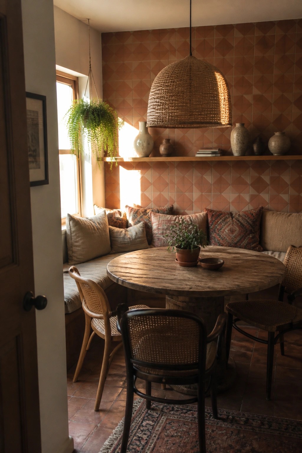 Interior view of a small dining nook with a round wooden table, mixed chairs, and a cushioned built-in bench along a terracotta tiled wall.