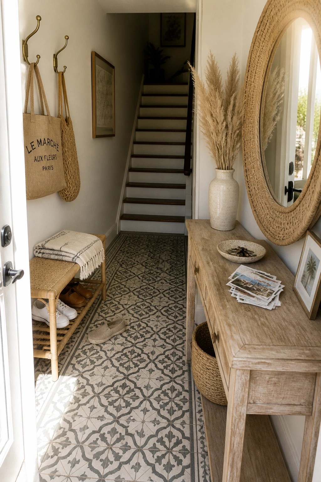 A narrow interior hallway with patterned tile shows a light wood console table on one side holding a vase and bowl, a round woven mirror above it, and a rattan bench with open shoe storage on the opposite wall leading to stairs.