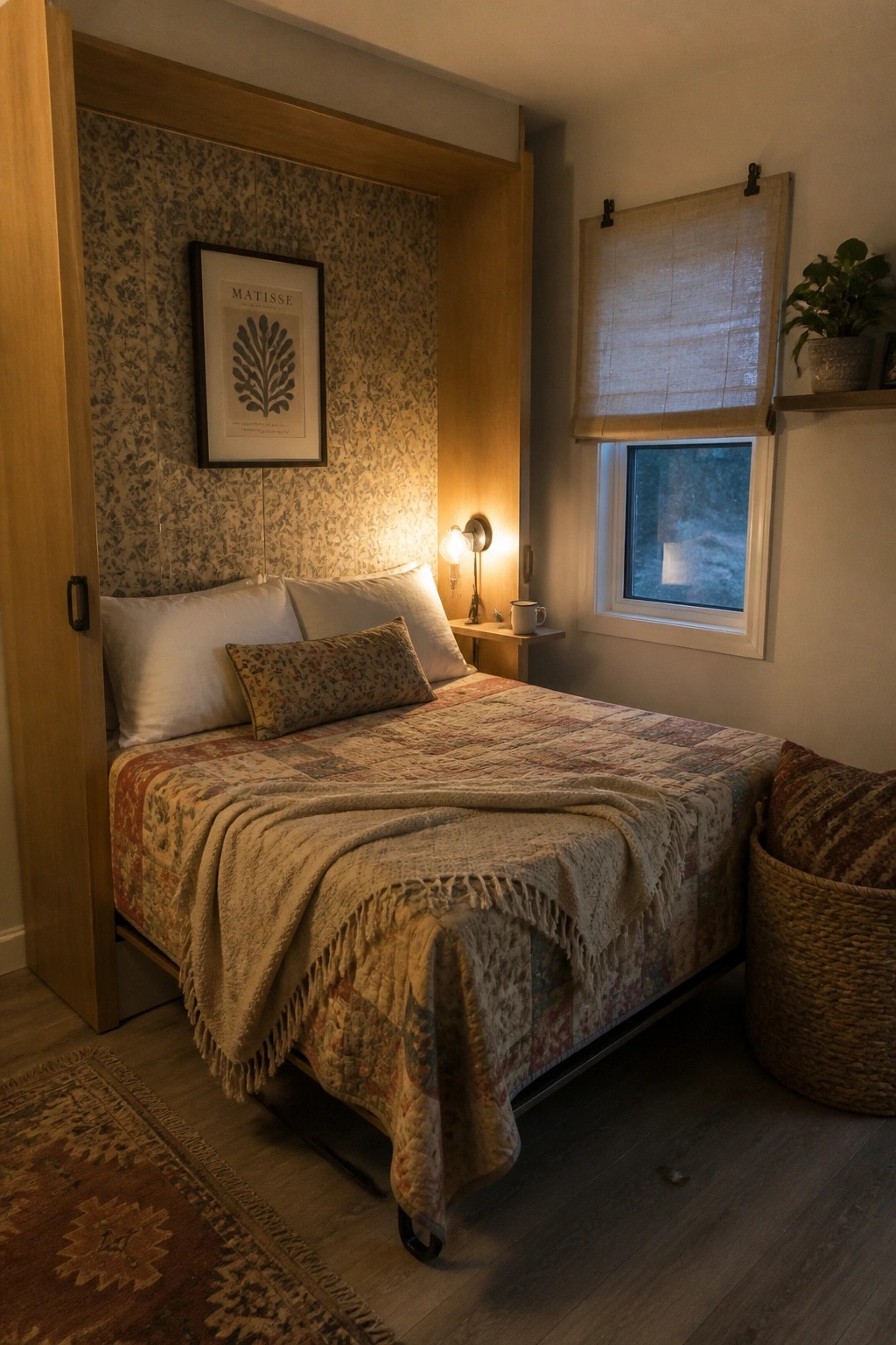 A bed tucked into a wooden alcove lined with floral wallpaper, covered by a patchwork quilt, next to a small window with a rolled blind.