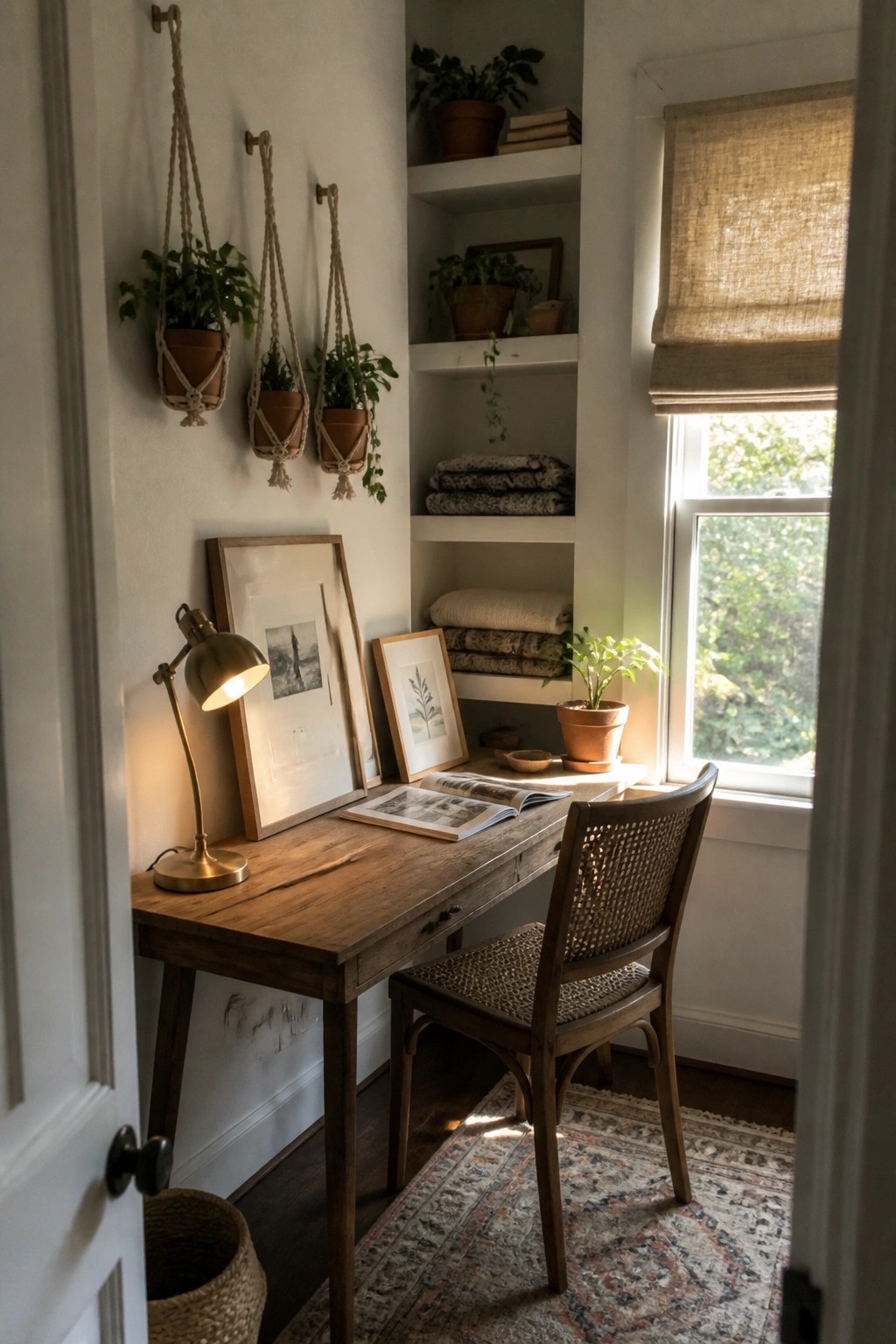A small wooden desk with a woven chair is placed under a window beside built-in white shelves and macrame hanging planters on the wall.