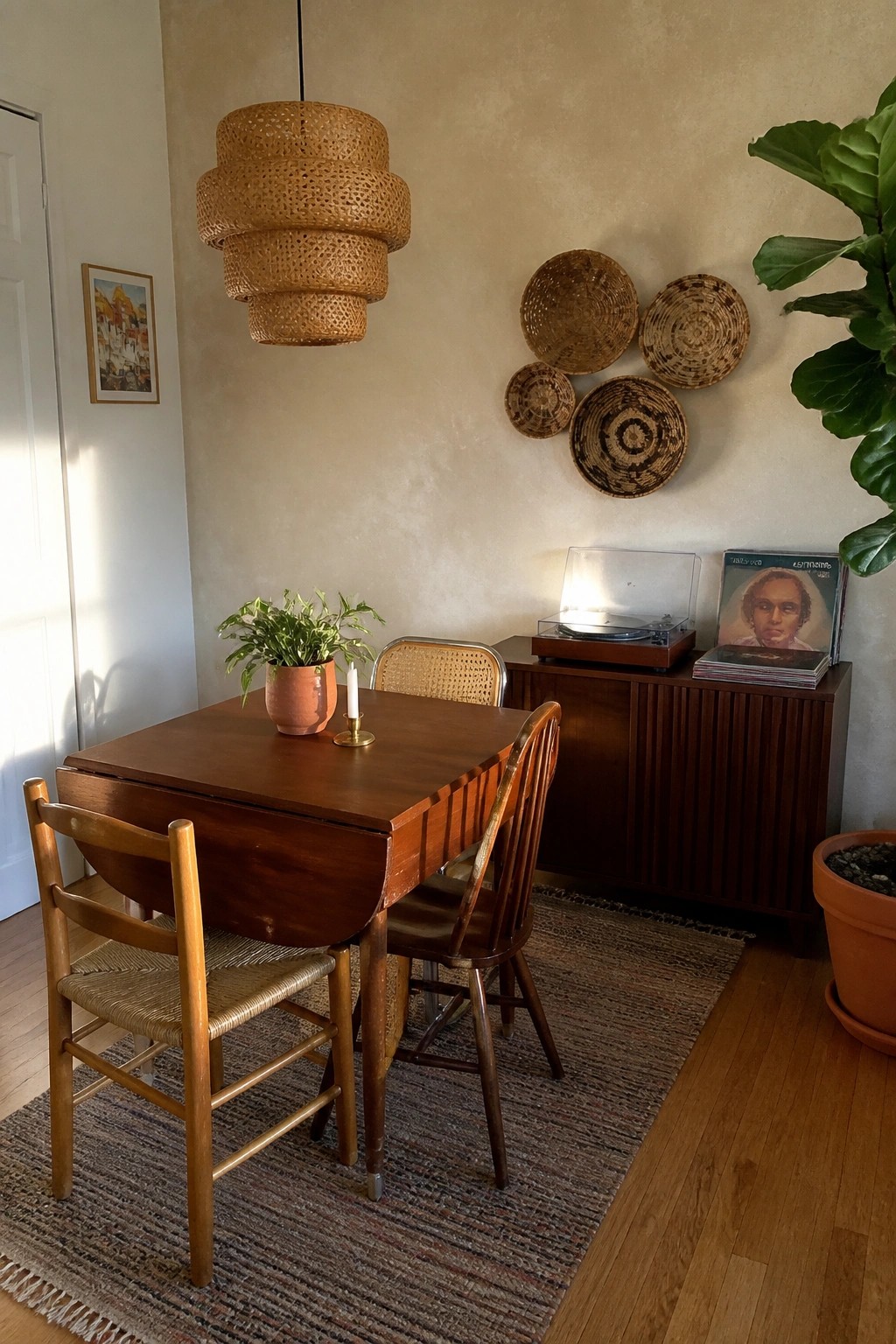 A wooden drop-leaf dining table with two chairs on a striped rug in a small room, next to a wooden sideboard holding a record player and stacked albums.