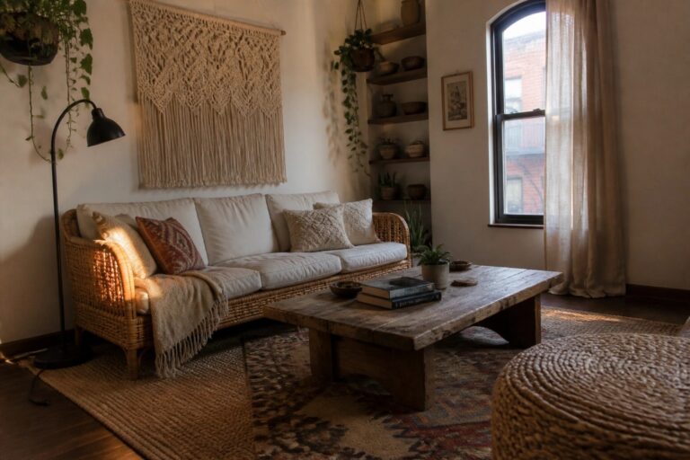 A small living room features a rattan sofa with white cushions, a large macrame wall hanging above it, a wooden coffee table on layered rugs, and houseplants near an arched window.