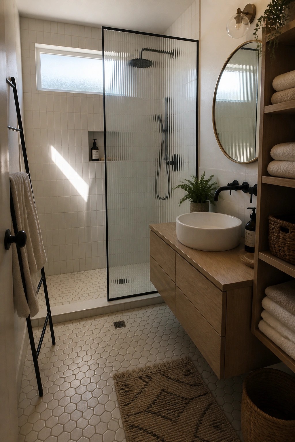 A small bathroom featuring a floating light wood vanity with a white vessel sink, black faucet, round mirror, open shelving with towels, and a glass shower enclosure.