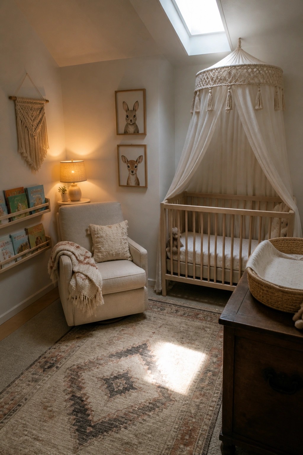 A light wood crib with a white macrame canopy stands on a patterned rug next to a beige armchair and two framed animal prints.