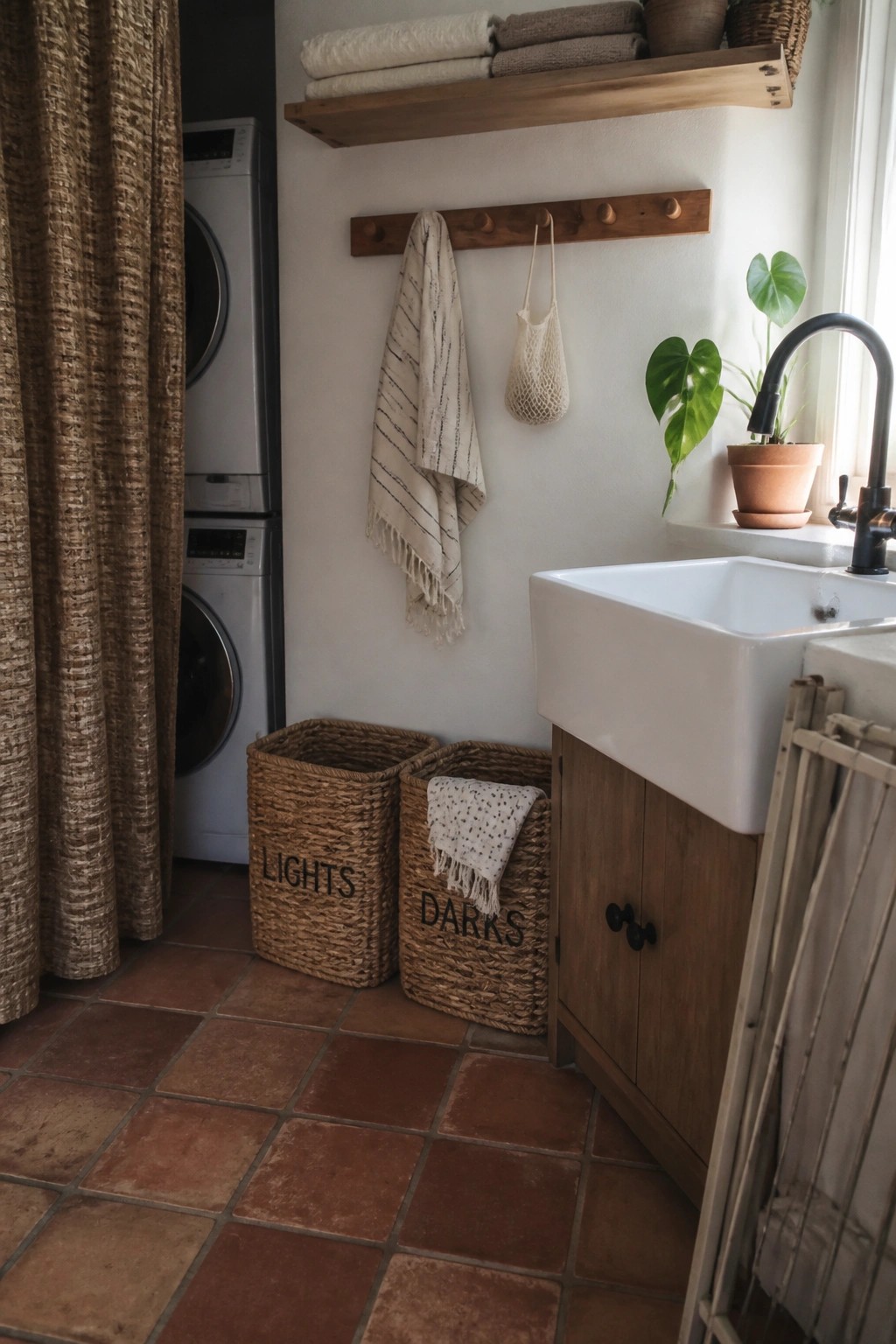 Rustic laundry room with lights and darks baskets, white sink, and peg rack.