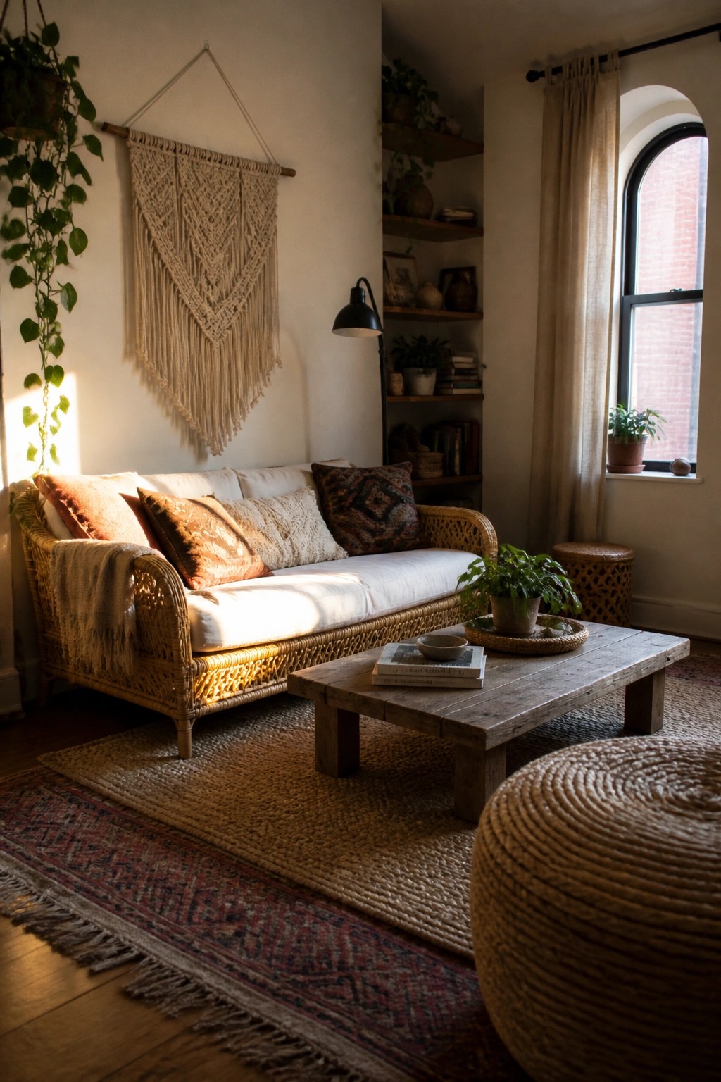 A small living room features a rattan sofa with white cushions, a large macrame wall hanging above it, a wooden coffee table on layered rugs, and houseplants near an arched window.