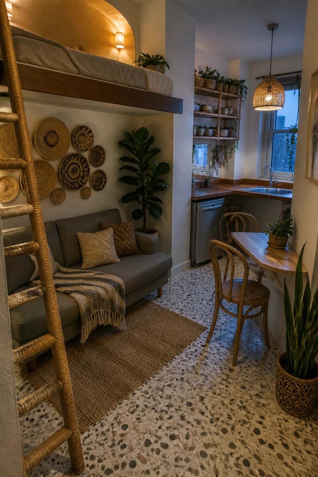 A compact apartment interior showing a loft bed above a gray sofa, with a kitchen area visible to the right and woven wall decor on the left wall.