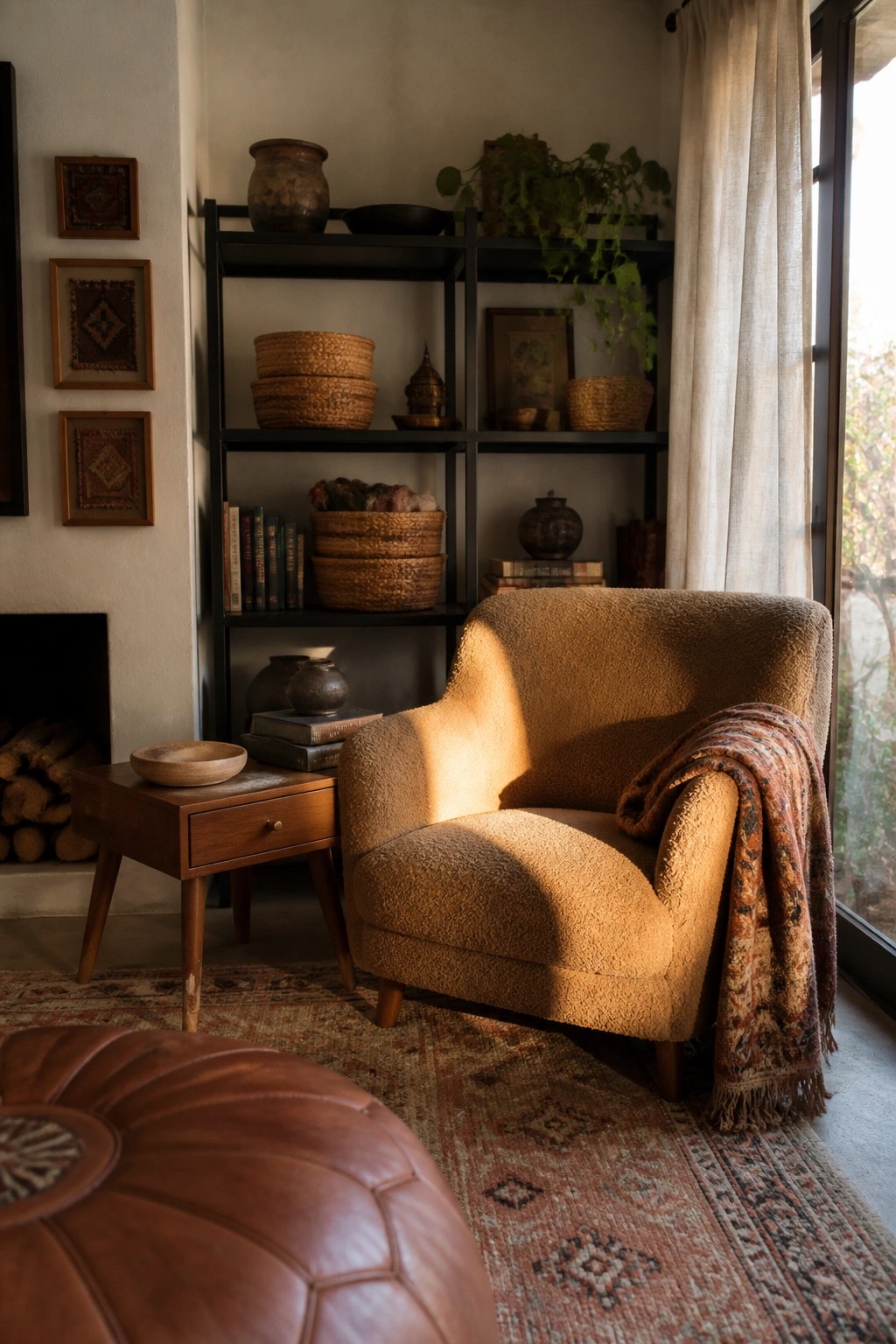 A brown textured armchair with a patterned throw sits in front of a black metal shelving unit holding woven baskets and books, next to a wooden side table on a patterned rug.