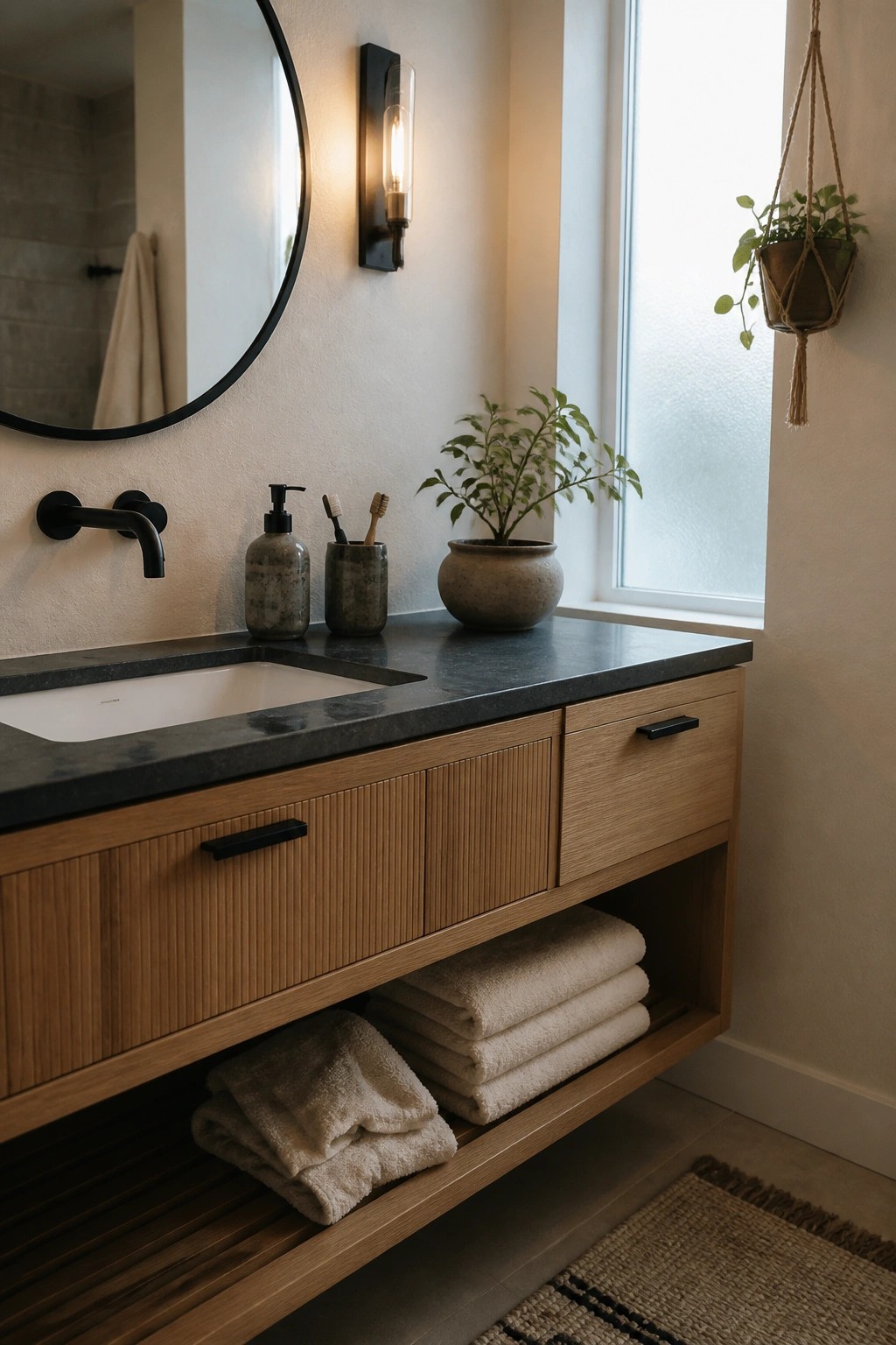A bathroom vanity featuring a light wood cabinet with an open lower shelf holding folded towels, a dark countertop, round mirror, and black wall-mounted faucet.