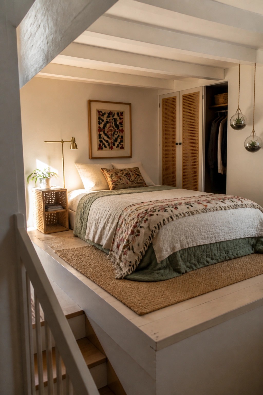 A bedroom featuring a bed on a raised wooden platform with steps, a woven nightstand, and rattan closet doors in the background.