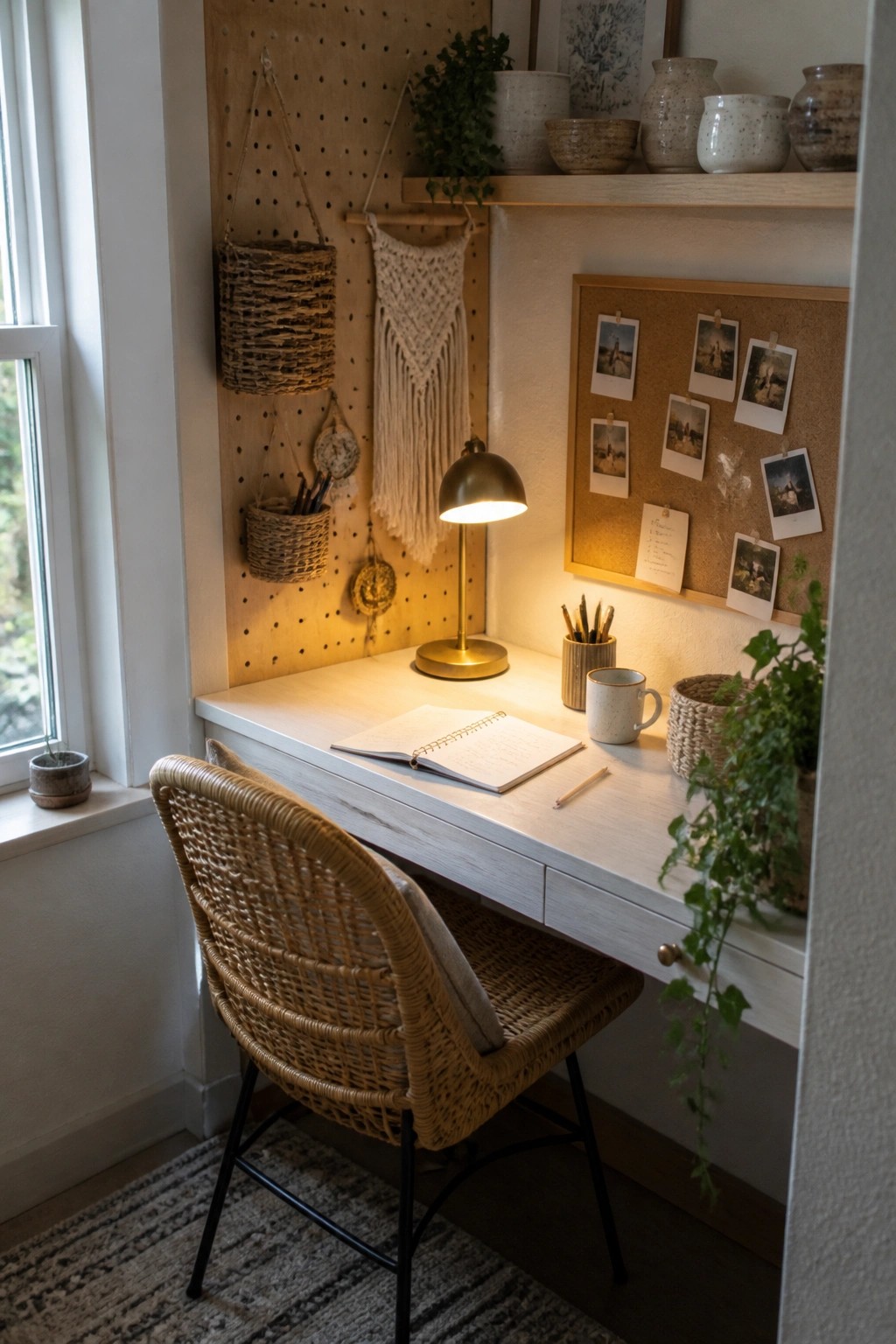 A small light wood desk with an open notebook and desk lamp sits in a corner nook, paired with a woven chair, a pegboard wall holding hanging baskets and macrame, and a corkboard with photos on the adjacent wall.