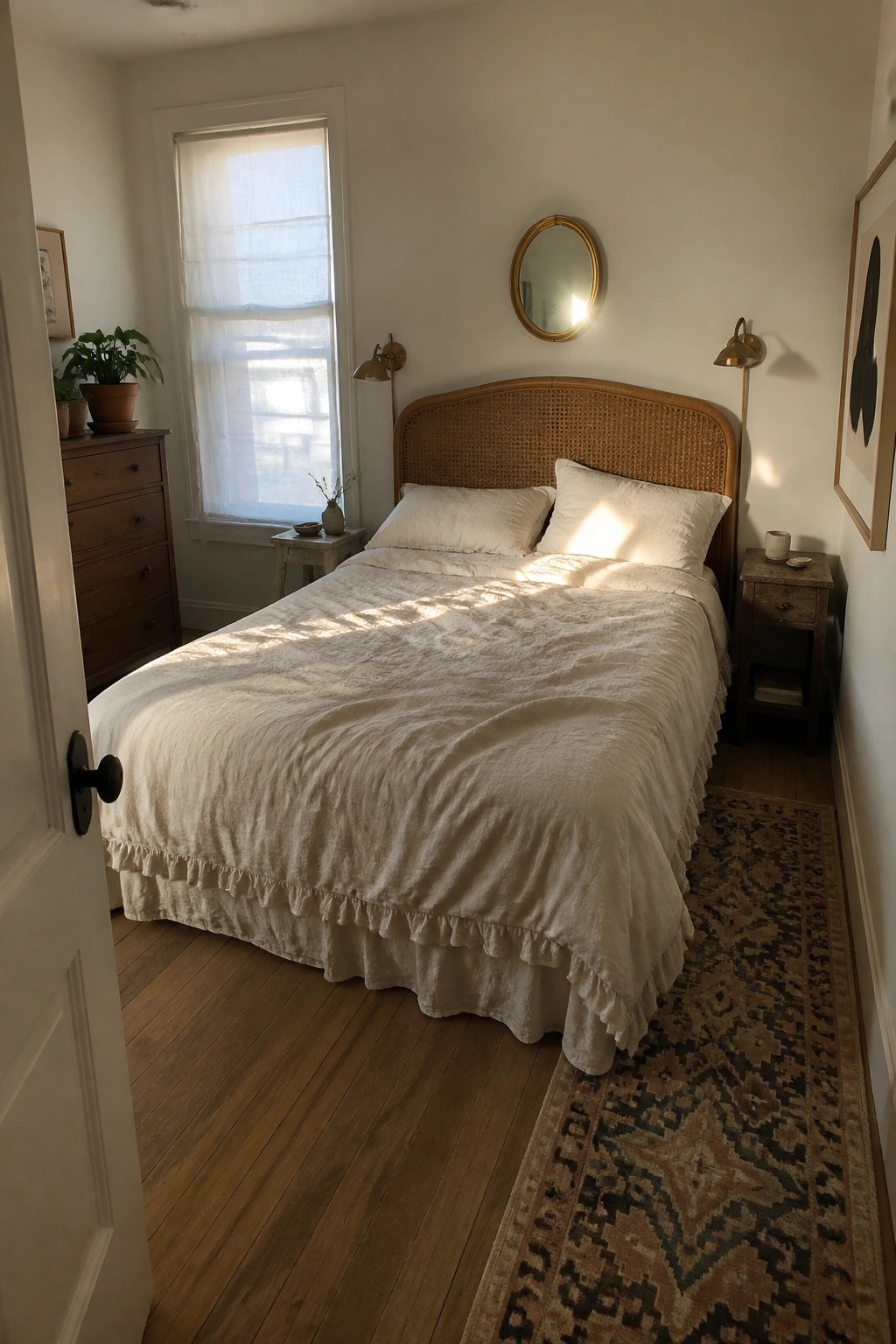 A small bedroom featuring a bed with white linen bedding, a rattan headboard, wooden nightstands, and sunlight coming through a window.