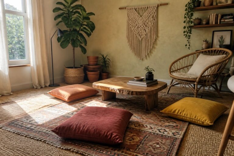 21 Cozy Boho Chic Living Room Ideas Using Layered Rugs and Floor Cushions Cozy bohemian room with macrame wall art, rustic table, and earth-toned floor cushions.