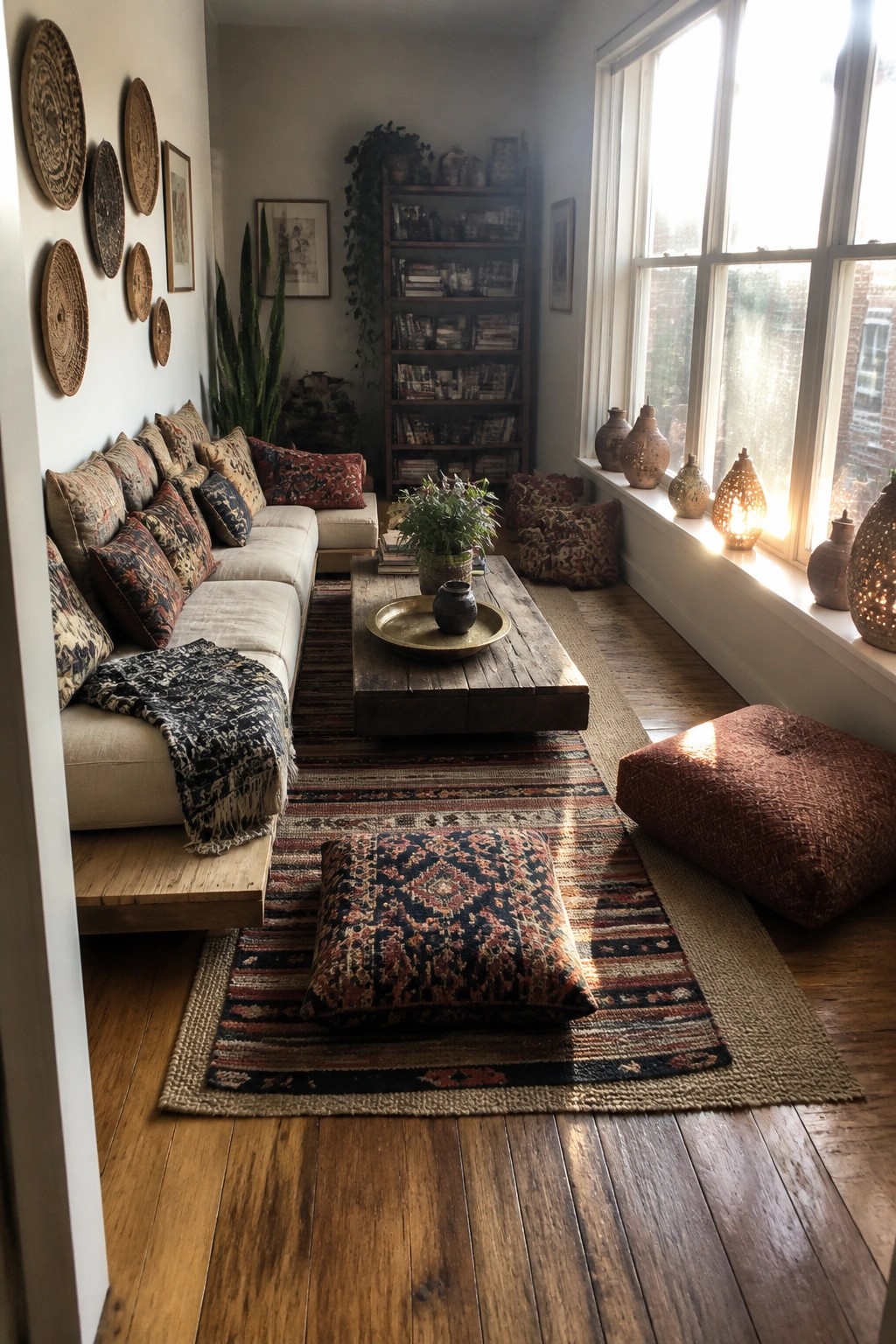 A living room with a light sectional sofa, wooden coffee table, multiple layered patterned rugs on hardwood flooring, and several floor cushions near a large window.