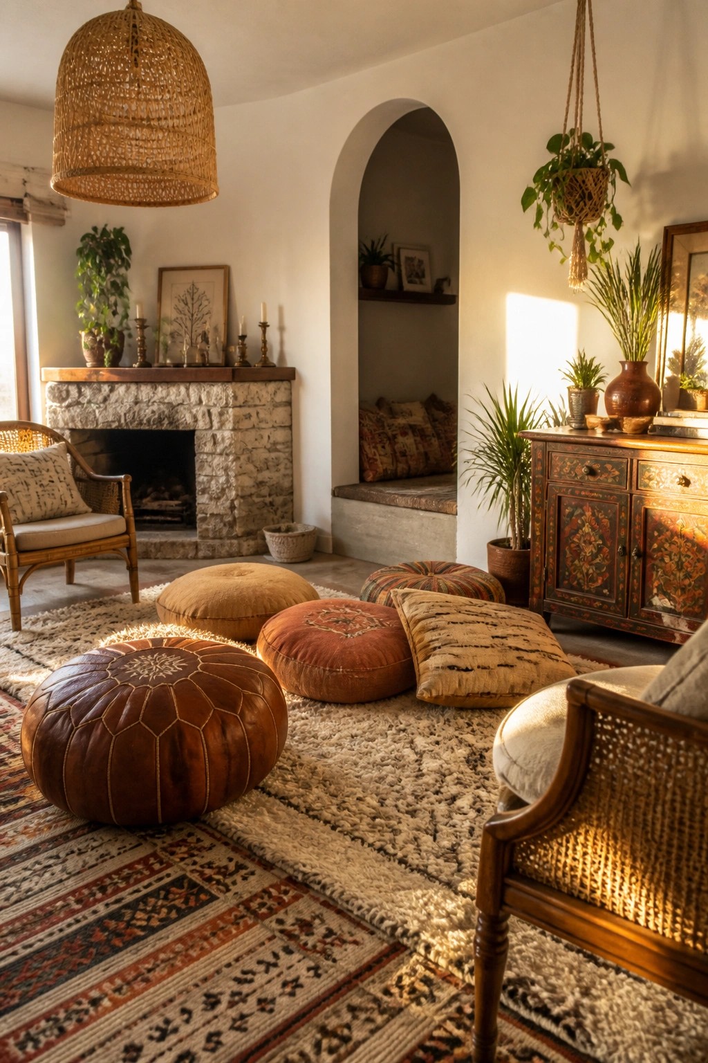 A living room with layered patterned rugs, several round and square floor cushions in earth tones, a stone fireplace, woven pendant lights, and wooden furniture with plants.