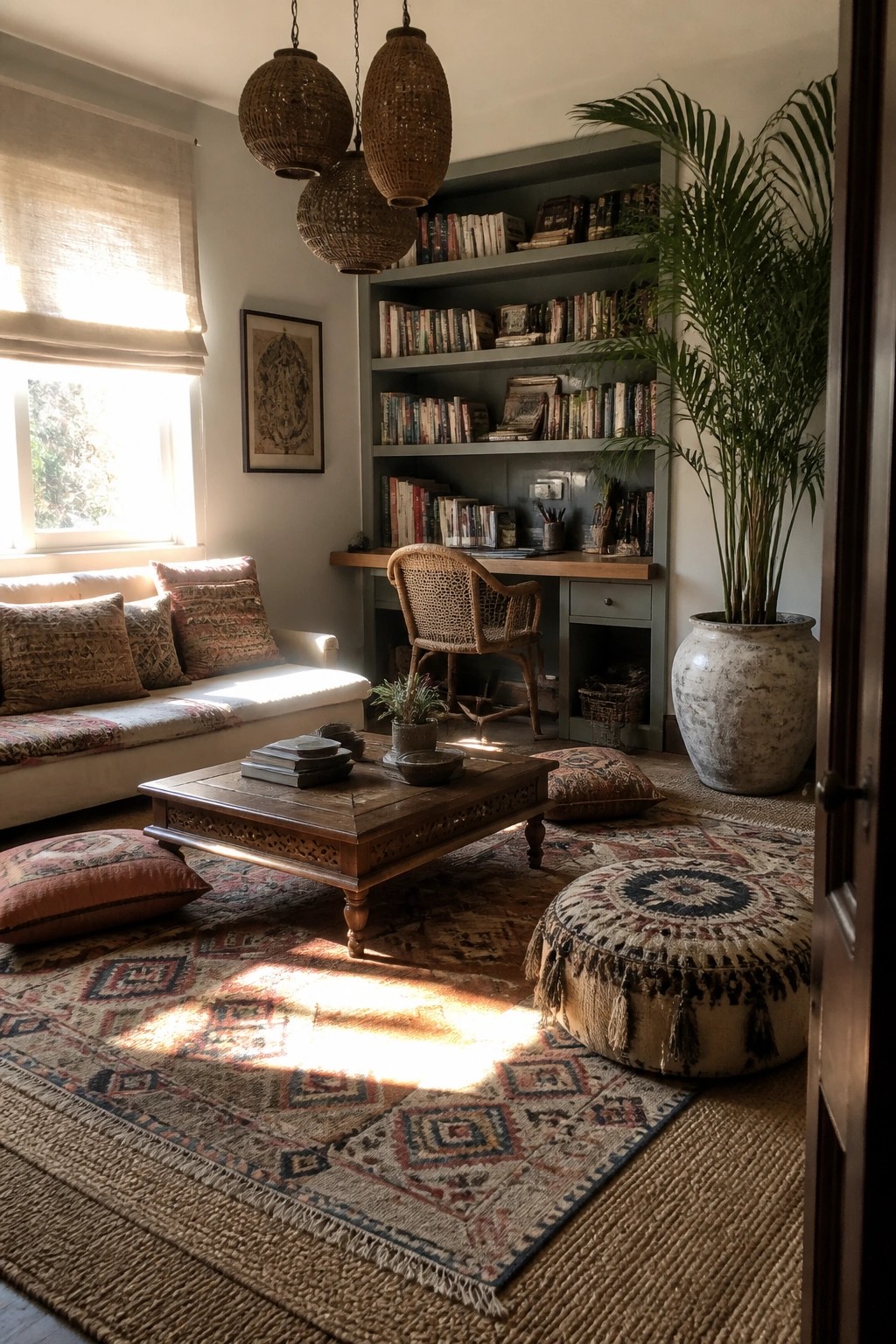 A living room with layered patterned rugs on a woven floor, several floor cushions including a large round pouf, a low wooden coffee table, a light sofa with pillows, and a built-in bookshelf with books and a large potted plant.