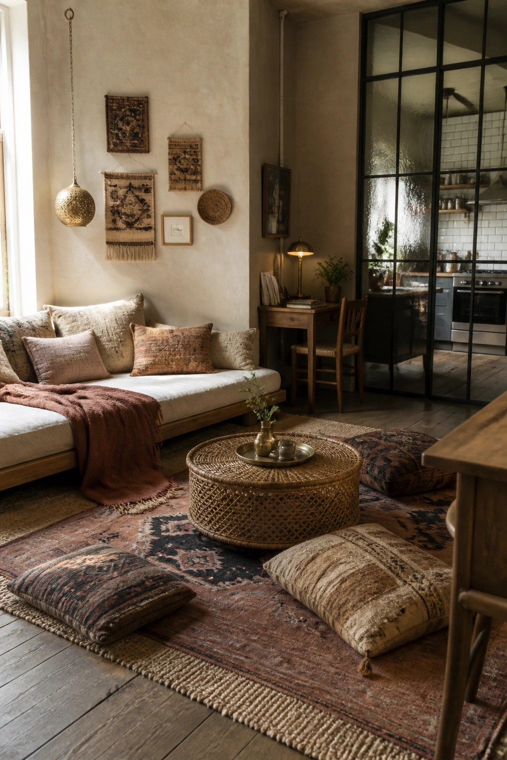 A living room with layered rugs on wood flooring, scattered floor cushions, a round woven coffee table, and a low daybed with pillows along the wall.