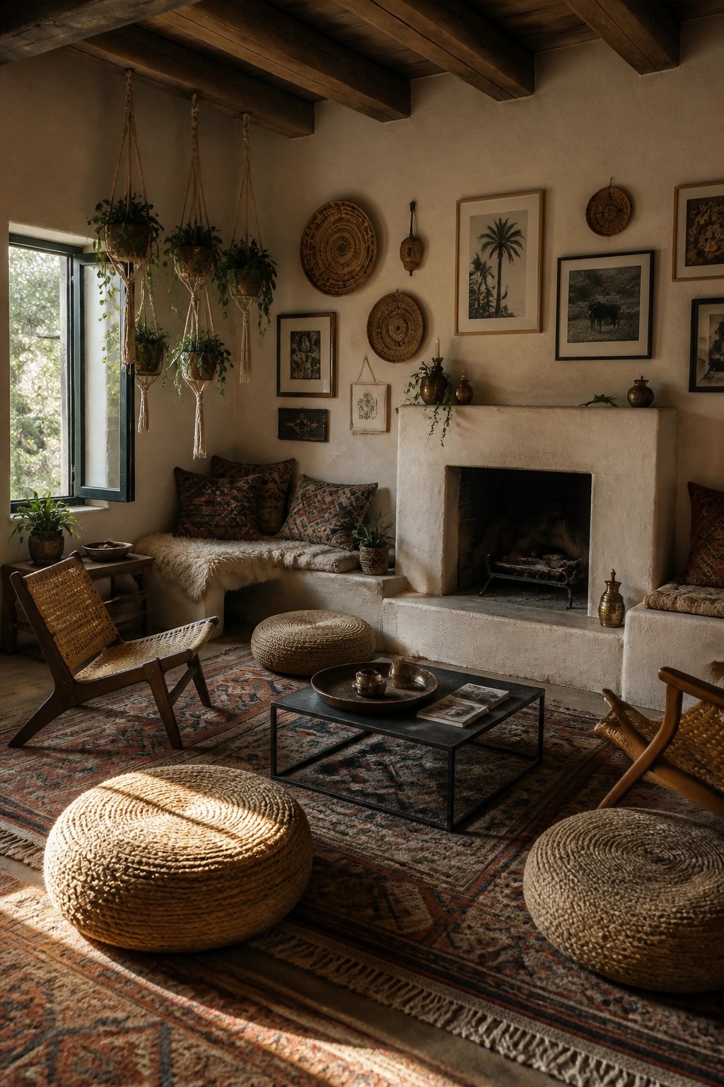 A boho living room with layered patterned rugs, woven floor poufs, a low black coffee table, hanging plants, and a white fireplace.