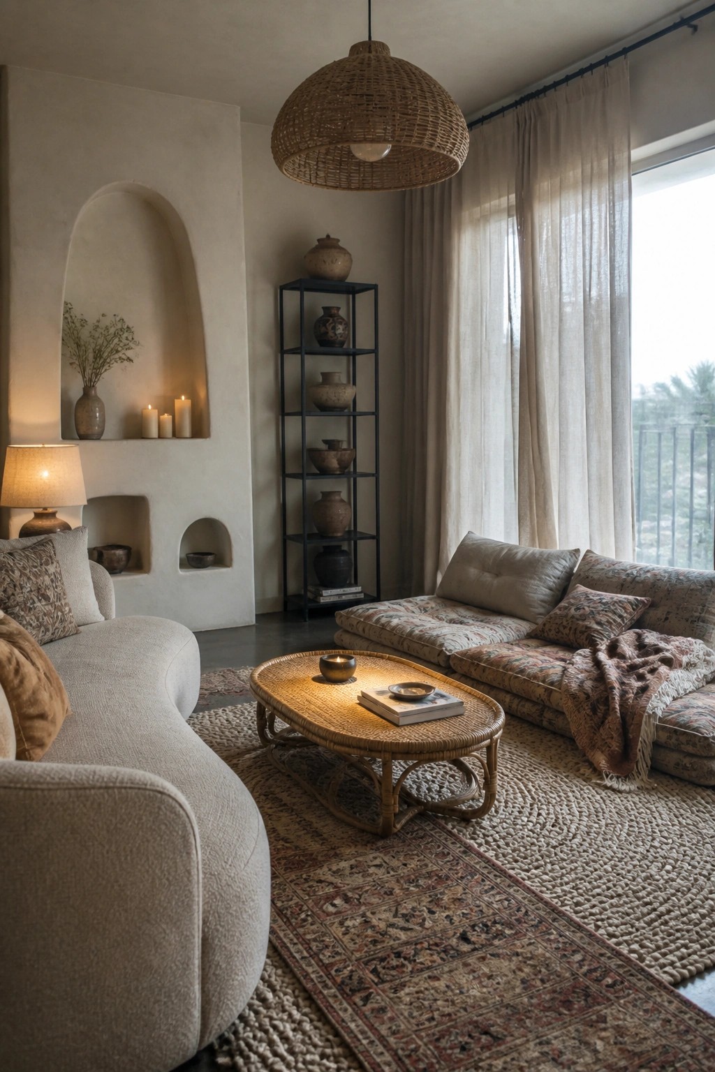 A living room interior showing two layered rugs on the floor with a rattan coffee table, neutral sofas, and pottery on black shelves.
