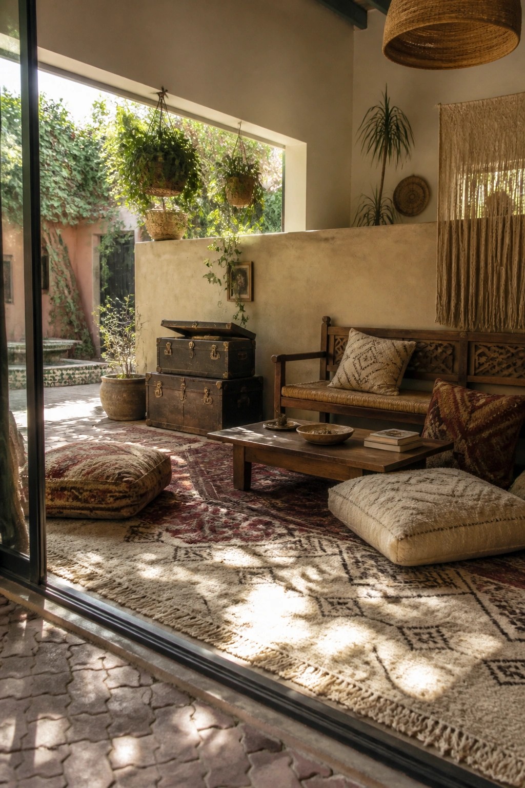 An indoor boho living space with layered patterned rugs, floor cushions, a low wooden coffee table, and a bench beside an open glass door to a courtyard.