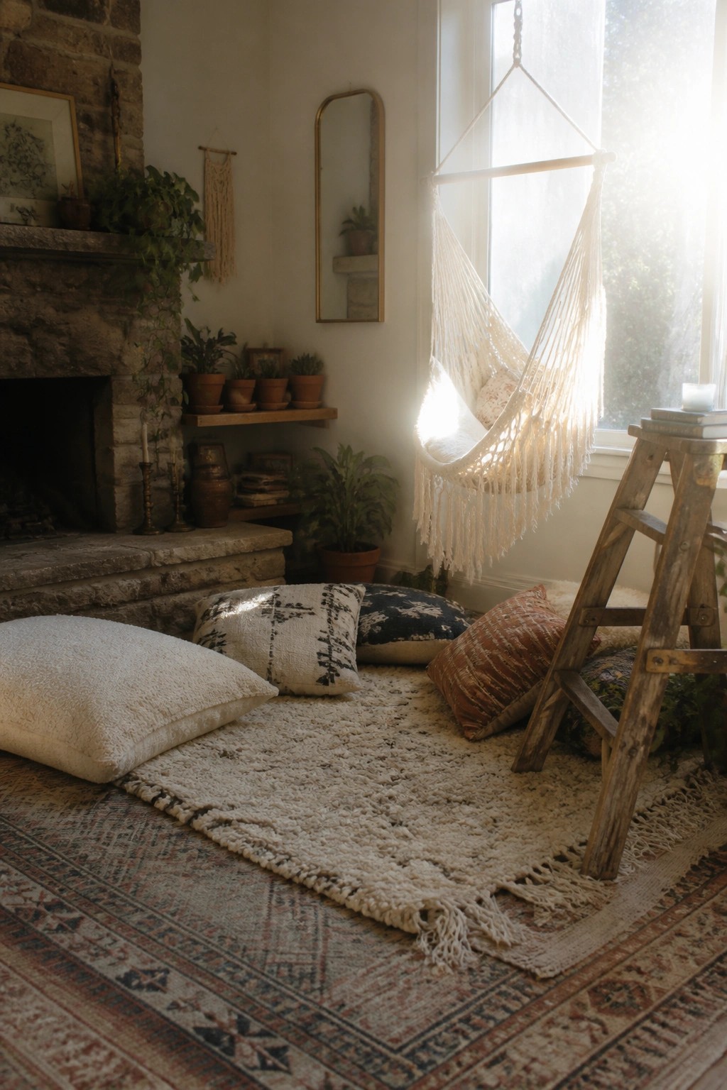 Cozy bohemian corner with macrame hammock chair, layered rugs, pillows, and sunlit stone fireplace.