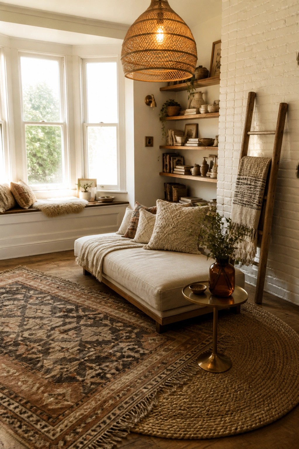 A living room featuring a daybed on layered rugs, with wooden shelves on a white brick wall and a large woven pendant light overhead.