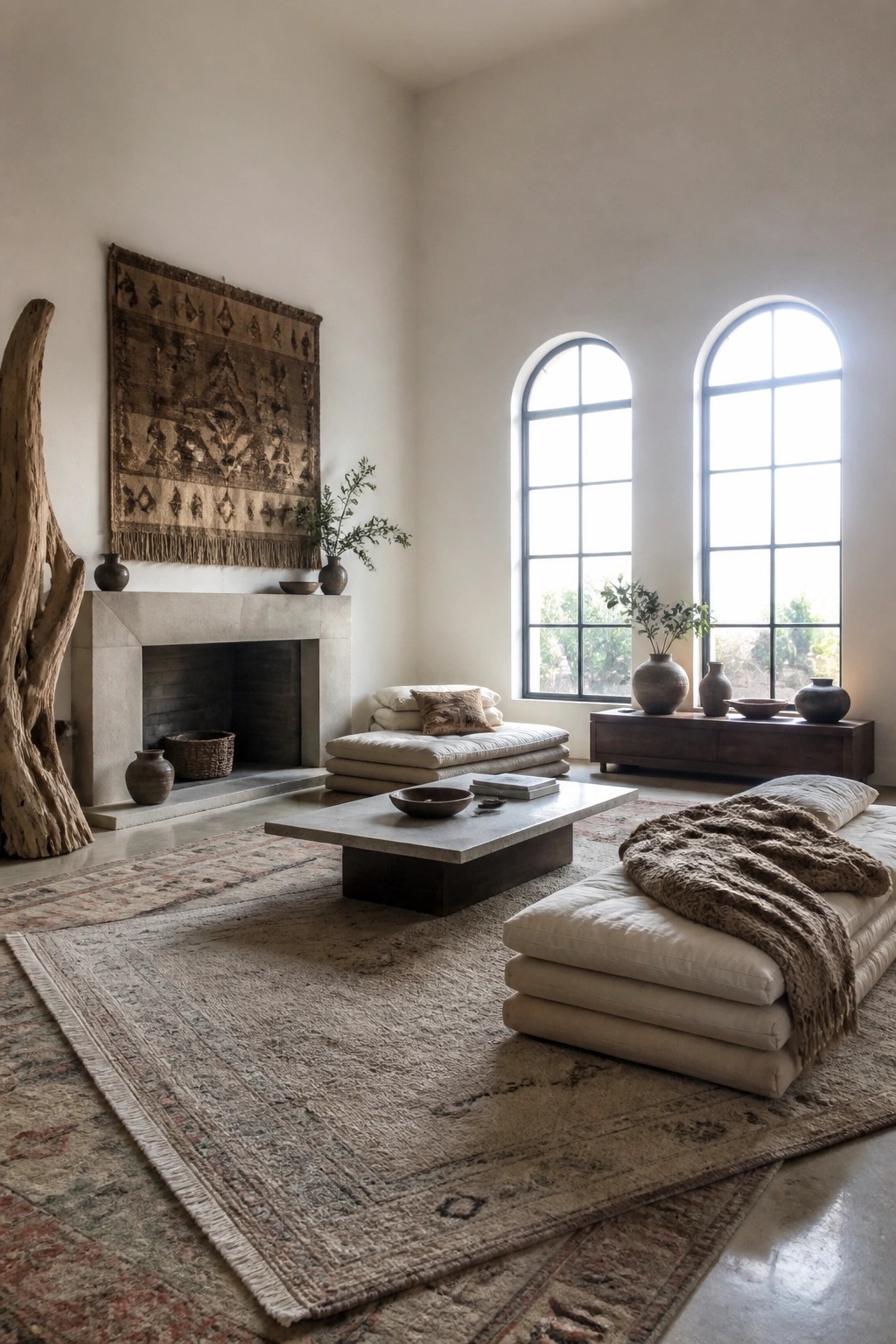 A bright living room with layered rugs on the floor, a concrete fireplace, low modular seating, and two large arched windows.
