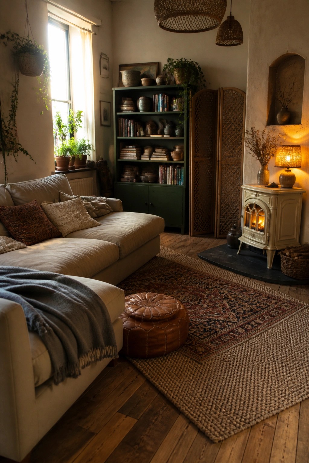 Cozy living room with beige sofa, leather pouf, patterned rug, and glowing wood stove.