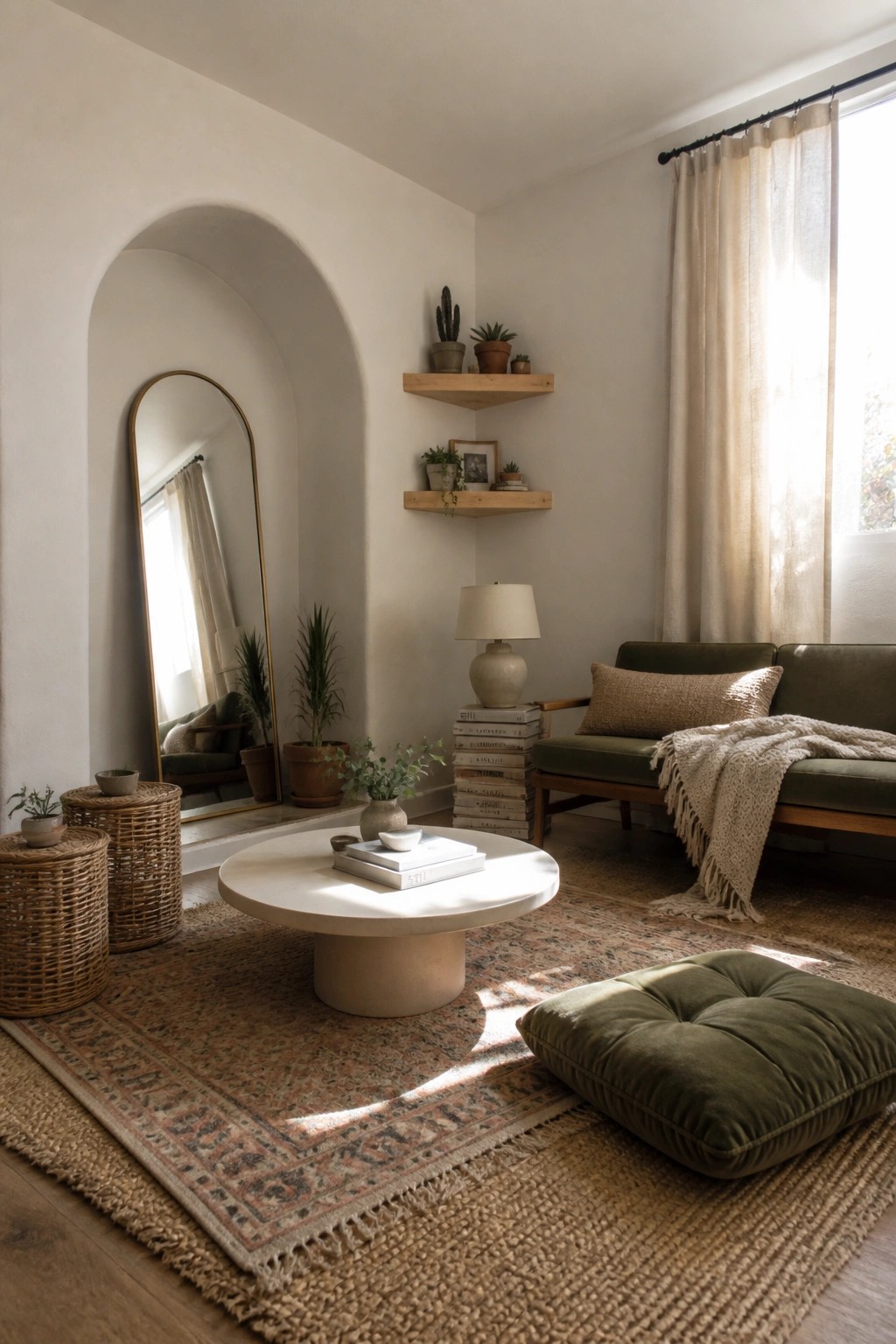 A boho living room featuring layered rugs, a round concrete coffee table, a green sofa, and a large green floor cushion on the floor.