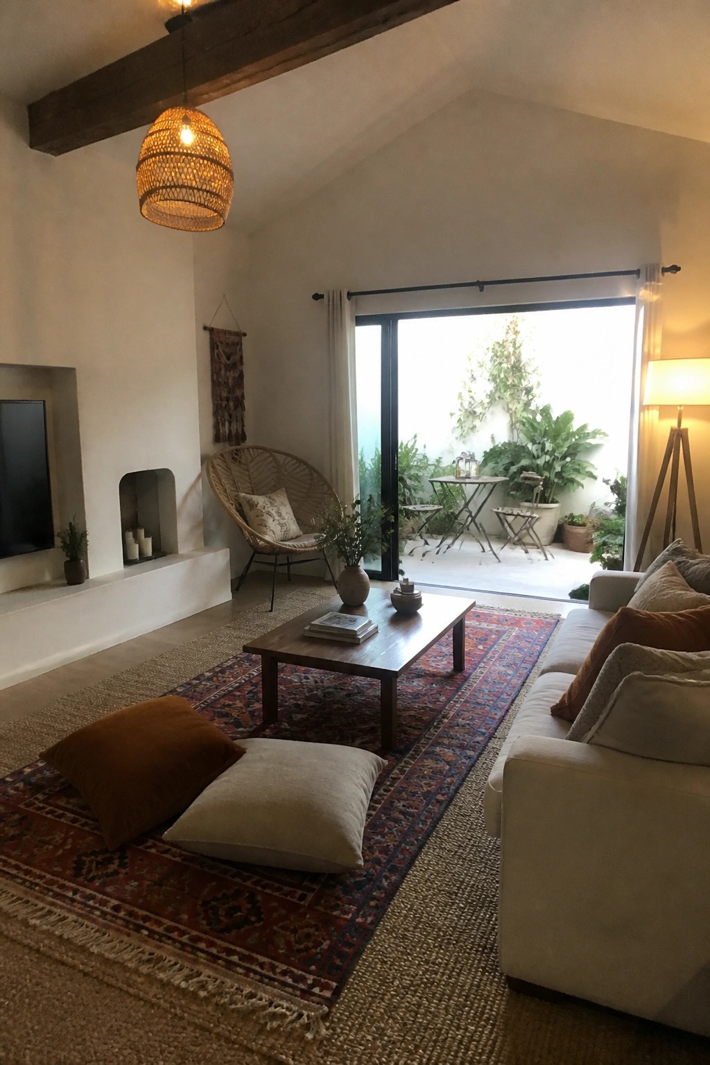 A living room interior with layered patterned rugs, floor cushions, a wooden coffee table, a white sofa, a woven chair, and a fireplace.