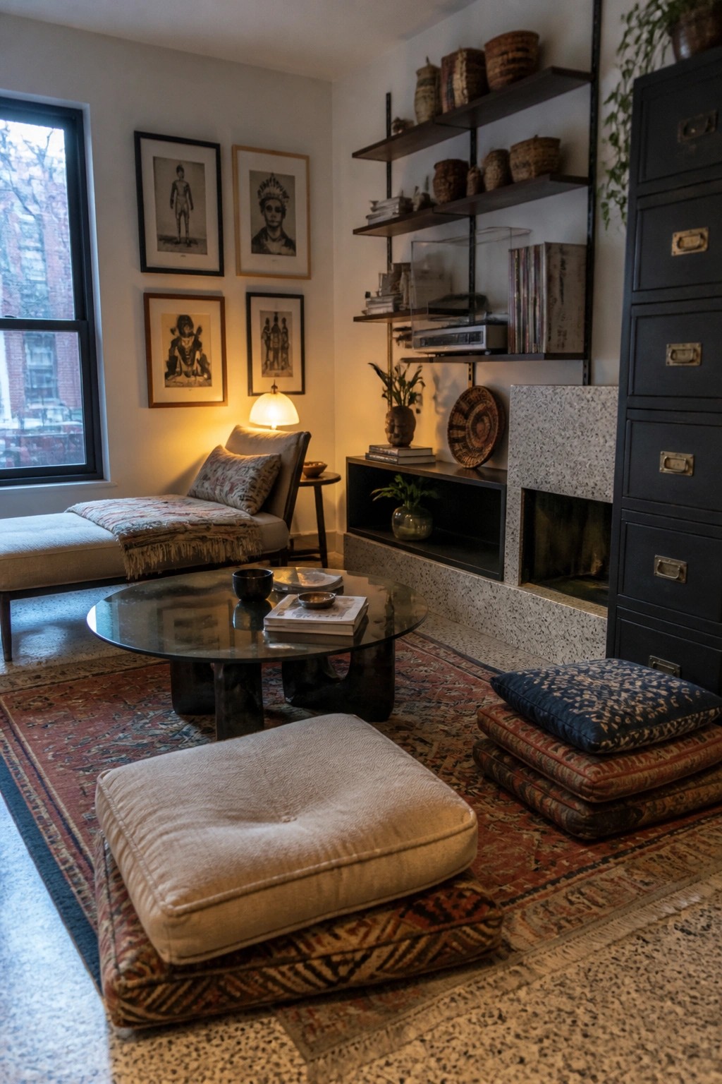 A living room corner with a large patterned rug holding a round glass coffee table and stacked floor cushions in neutral and patterned fabrics, plus a low daybed against the wall under framed artwork.