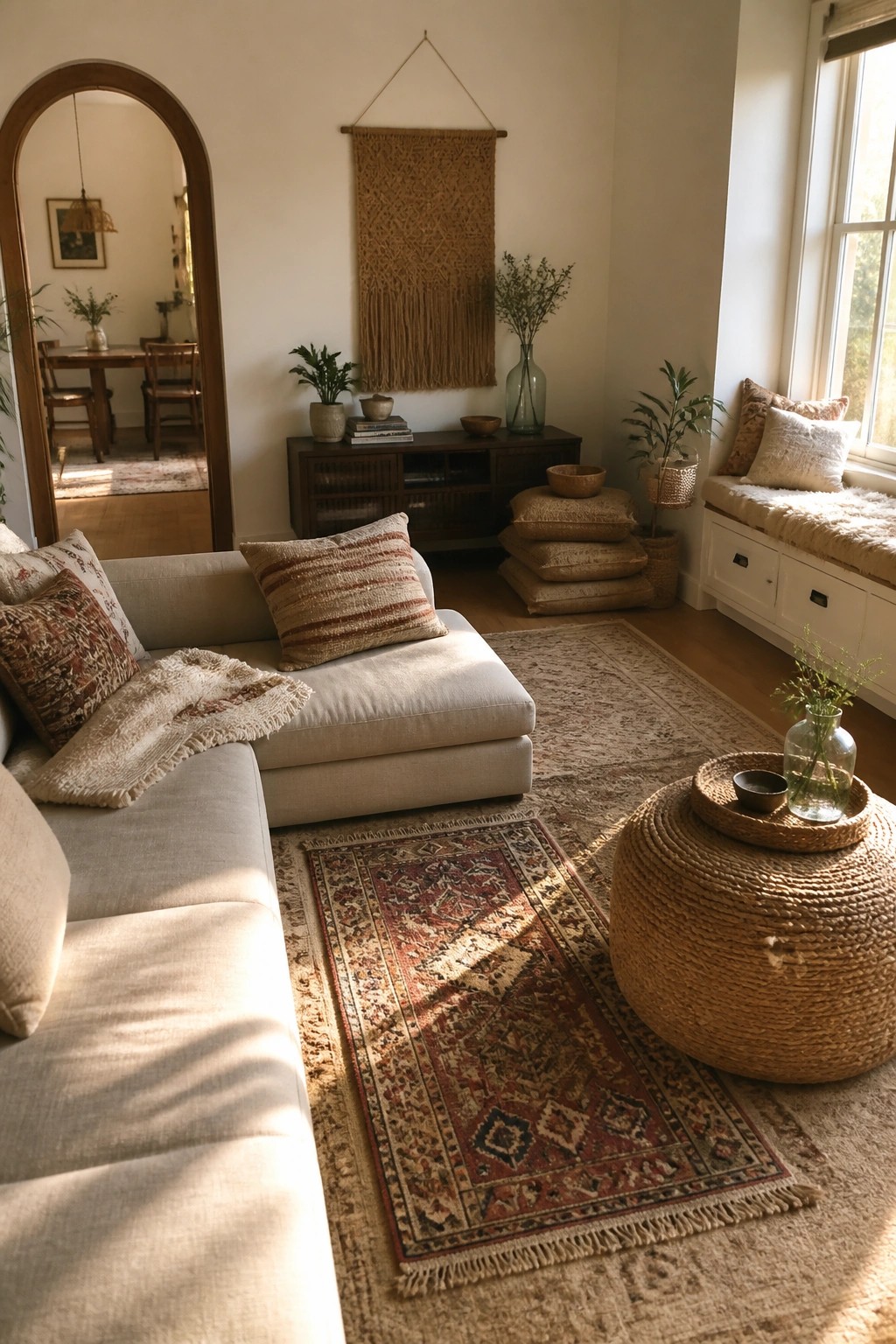 Cozy bohemian living room with beige sofa, patterned rugs, woven ottoman, and macrame wall hanging.
