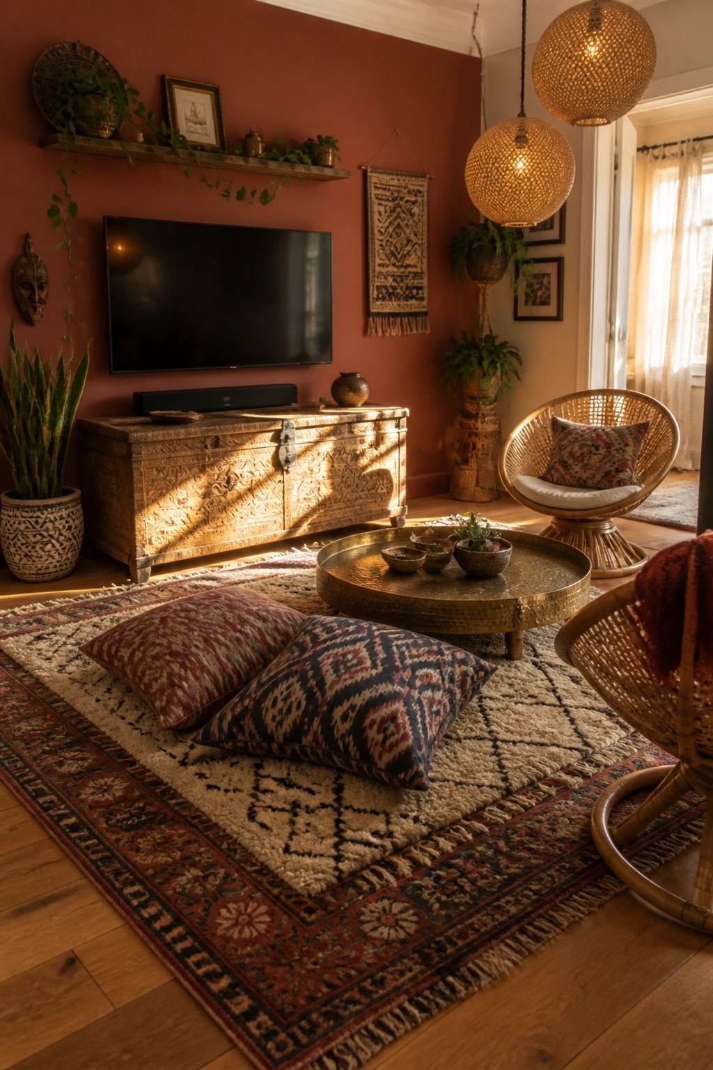 A living room interior with terracotta walls, a large patterned rug layered with a smaller fluffy rug holding two decorative floor cushions, a carved wooden console under a wall-mounted TV, and two wicker chairs.