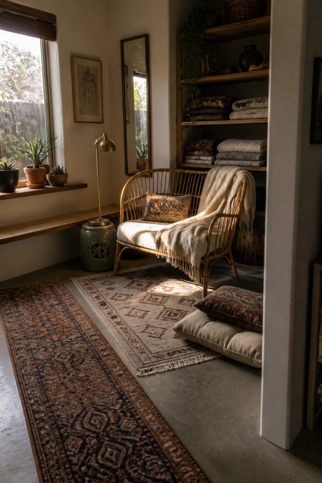 A boho living room corner with a rattan chair on layered rugs, floor cushions nearby, and wooden shelves holding folded textiles.