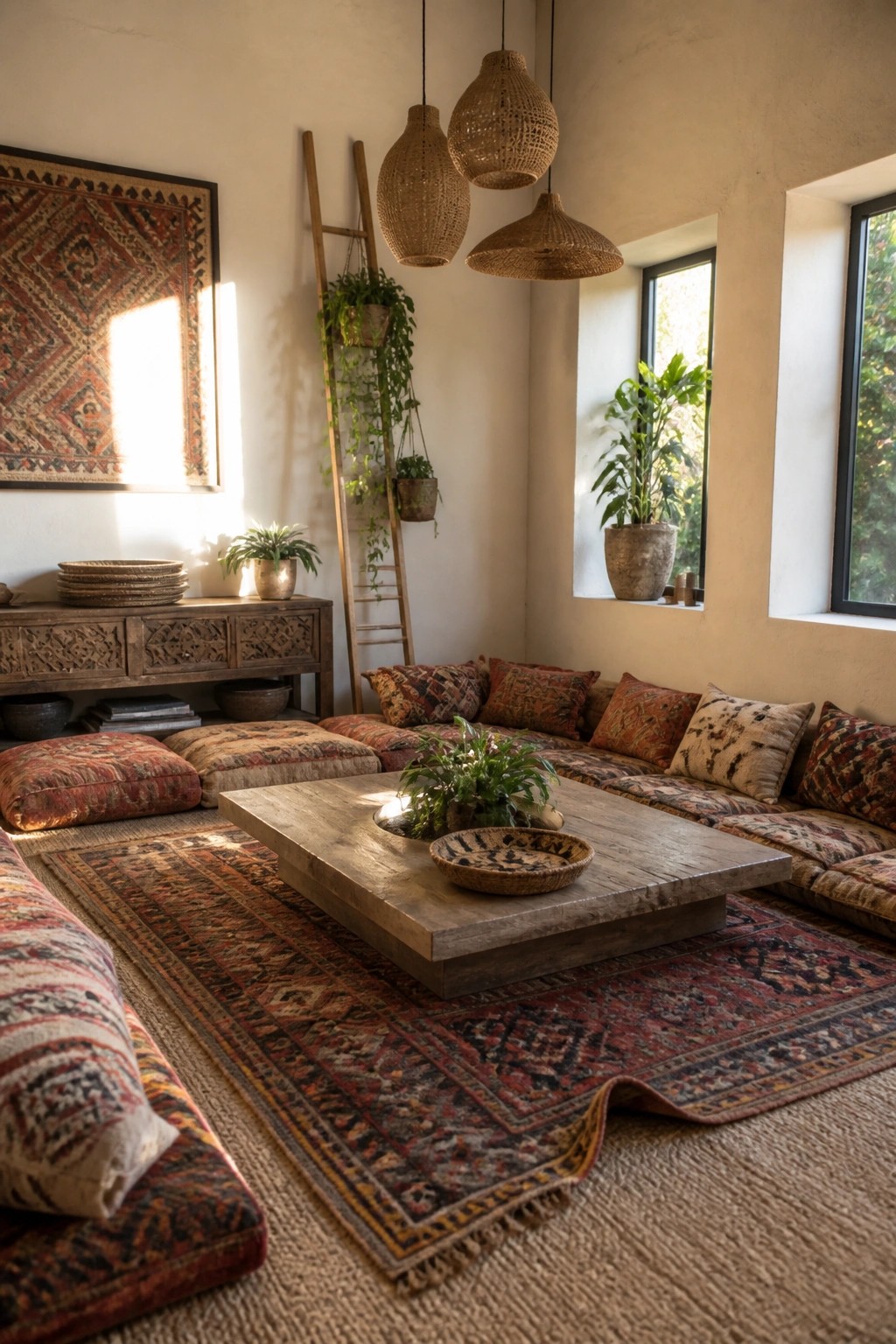 Interior view of a living room with layered rugs on the floor, multiple patterned floor cushions arranged around a low wooden table, hanging woven pendant lights, and potted plants near the windows.