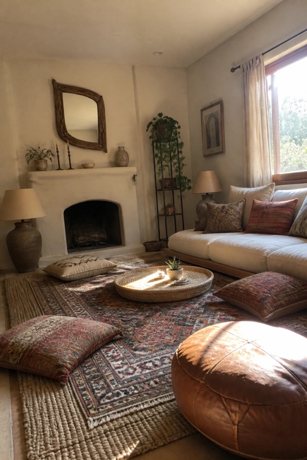 A living room interior with layered patterned rugs on the floor, multiple floor cushions, a large leather pouf, a white sofa, and a fireplace with a mirror above it.