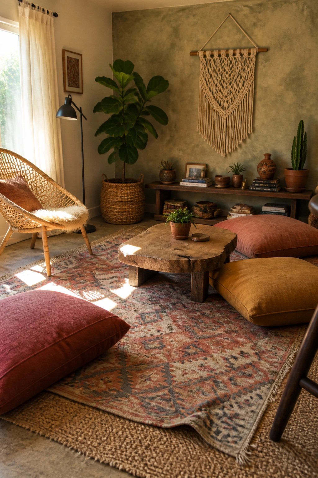 Cozy bohemian room with macrame wall art, rustic table, and earth-toned floor cushions.