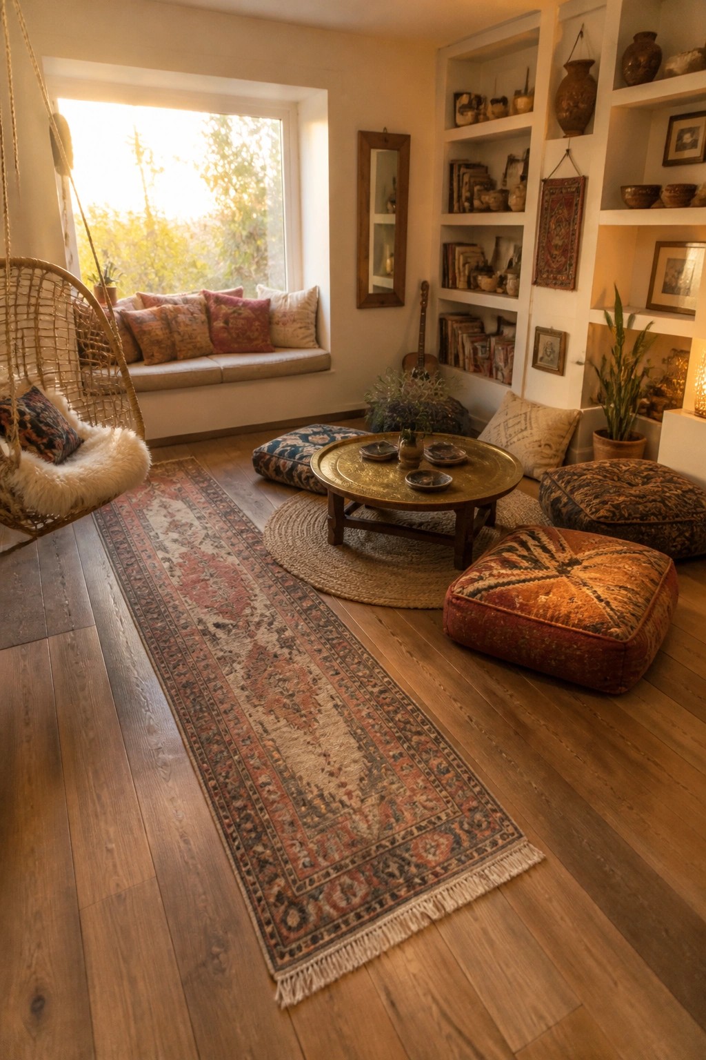 A living room interior showing a long patterned runner rug on hardwood flooring, a round jute rug under a round brass table, and large patterned floor cushions near built-in white shelves.