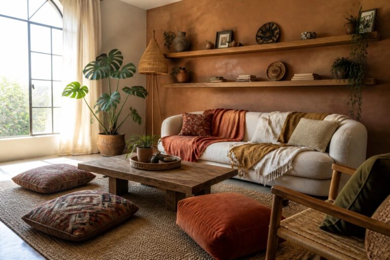 20 Cozy Boho Living Room Decor Ideas Built Around Layered Throws and Floor Cushions A living room with a white sofa draped in layered throws, a wooden coffee table, several patterned floor cushions on a jute rug, a large potted plant, and wooden shelves on a terracotta wall.