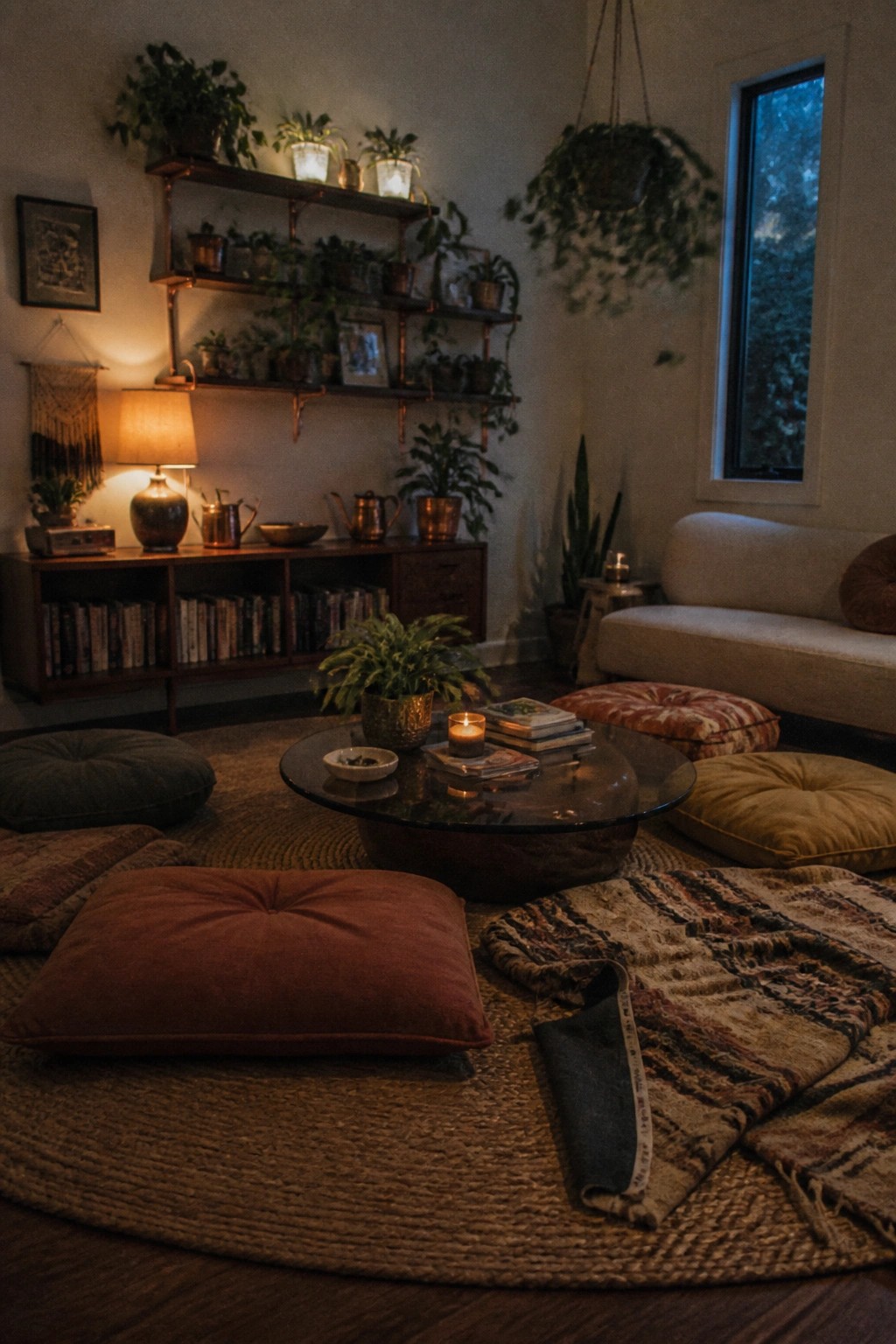 A living room with multiple floor cushions arranged around a round coffee table on layered rugs, plant shelves on the wall, and a sofa along the right side.