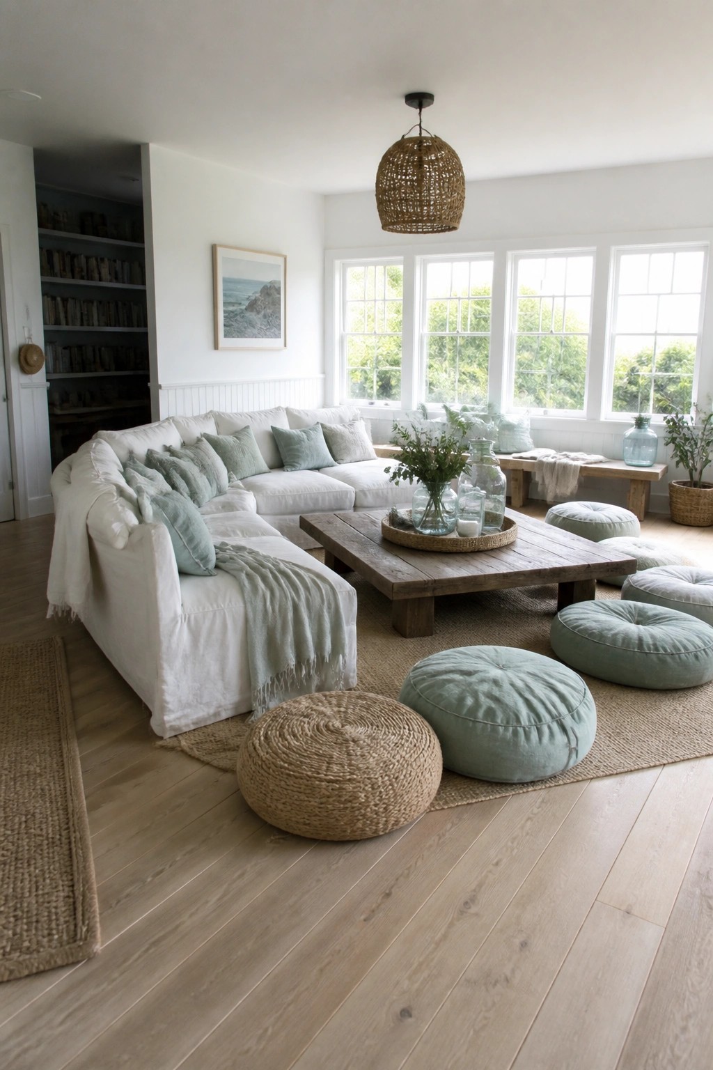 A living room with a white sectional sofa, wooden coffee table, large jute rug, and several round floor cushions in light green fabric and woven beige material.